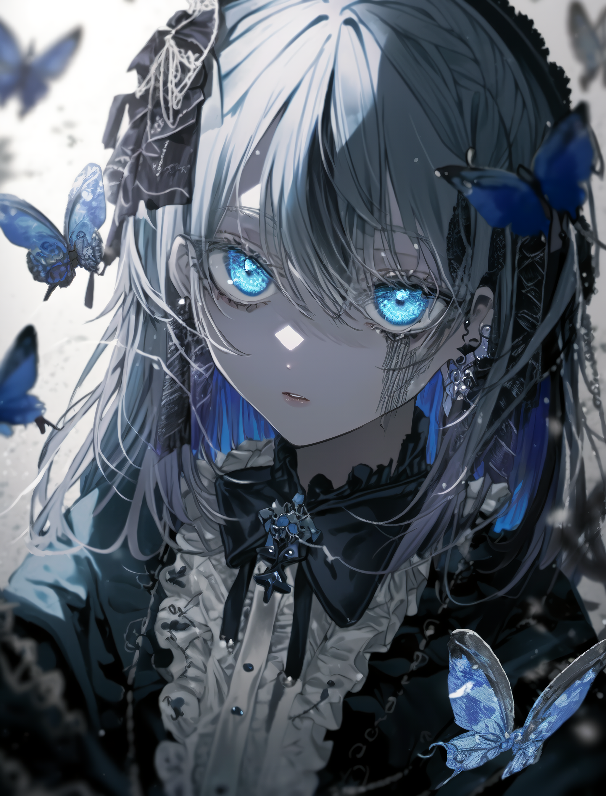 Anime 2048x2688 anime dress long hair blue eyes butterfly glowing eyes gray hair looking at viewer headdress portrait display open mouth head tilt anime girls