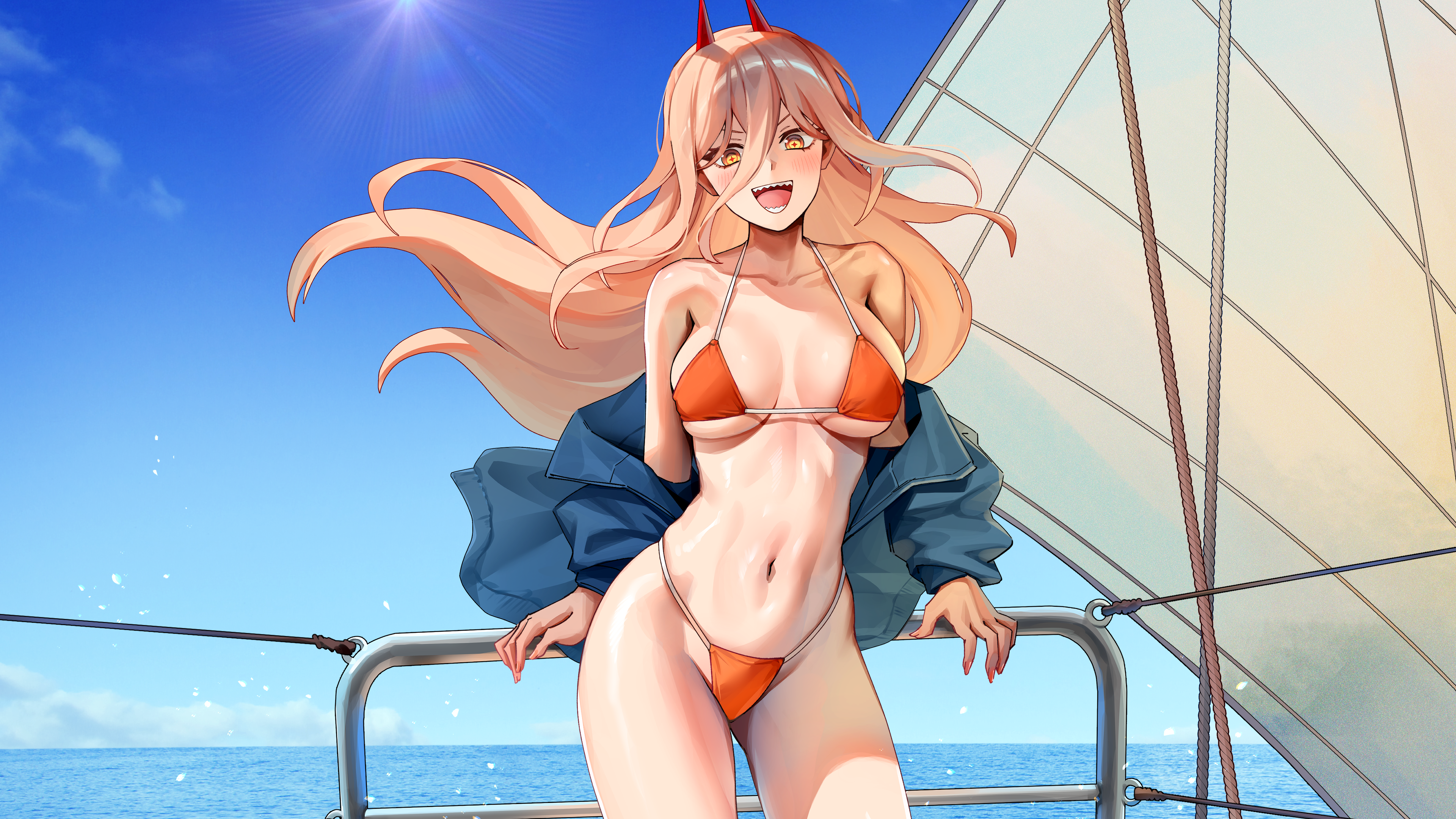 Anime 3840x2160 FoxyReine Power (Chainsaw Man) Chainsaw Man bikini looking at viewer blushing anime girls long hair open mouth horns blonde yellow eyes sunlight water hair blowing in the wind