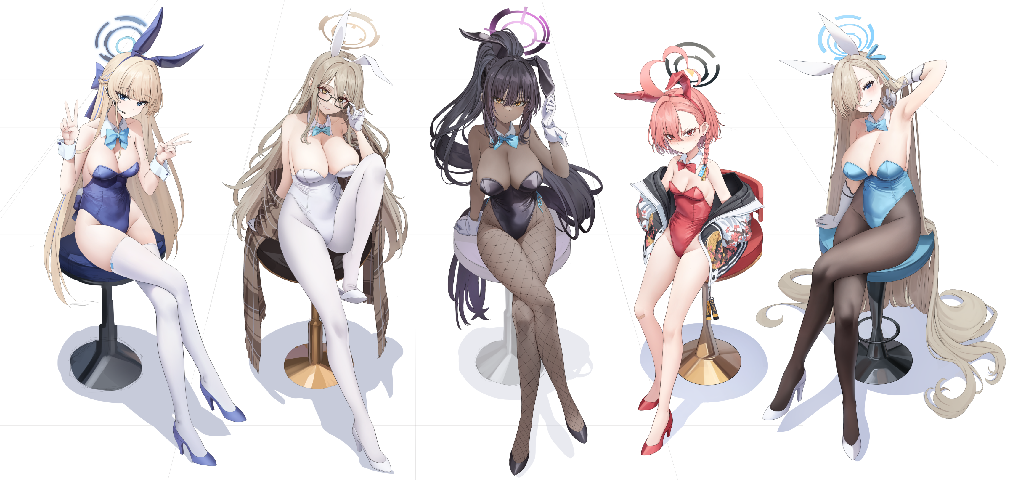Anime 3438x1621 anime girls Blue Archive video games Asuma Toki (Blue Archive) Kakudate Karin Mikamo Neru Murokasa Akane ChiRang animal ears bunny ears bunny girl heels glasses no bra pantyhose tail tattoo thigh-highs legs crossed fishnet stockings cleavage big boobs bow tie looking at viewer sitting simple background gloves long hair bunny suit hair over one eye moles mole on breast line-up Asuna Ichinose fishnet pantyhose stools red leotard black leotard blue leotard white leotard