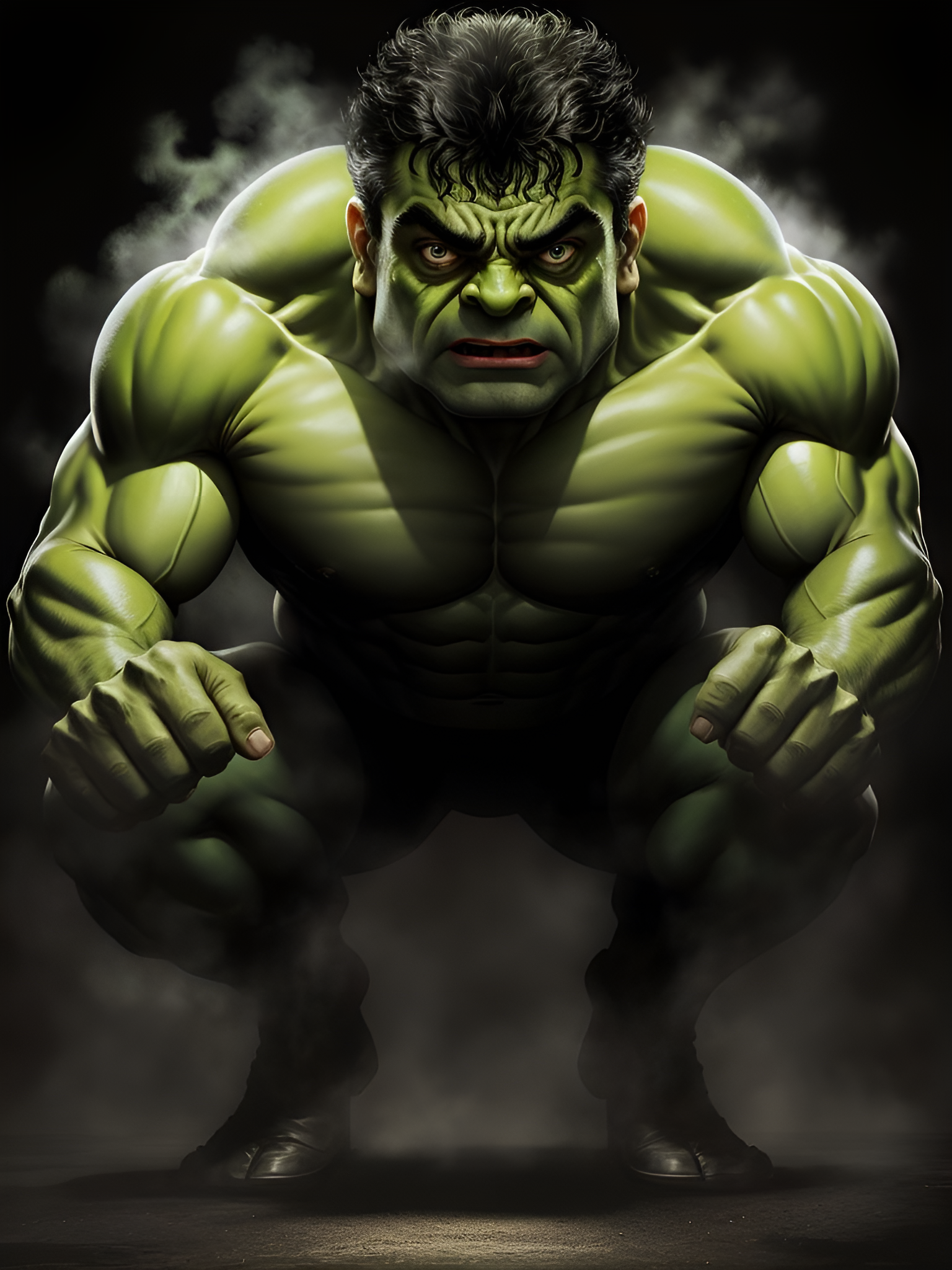 General 1536x2048 AI art Marvel Comics Rowan Atkinson Hulk portrait display muscles looking at viewer green hair superhero