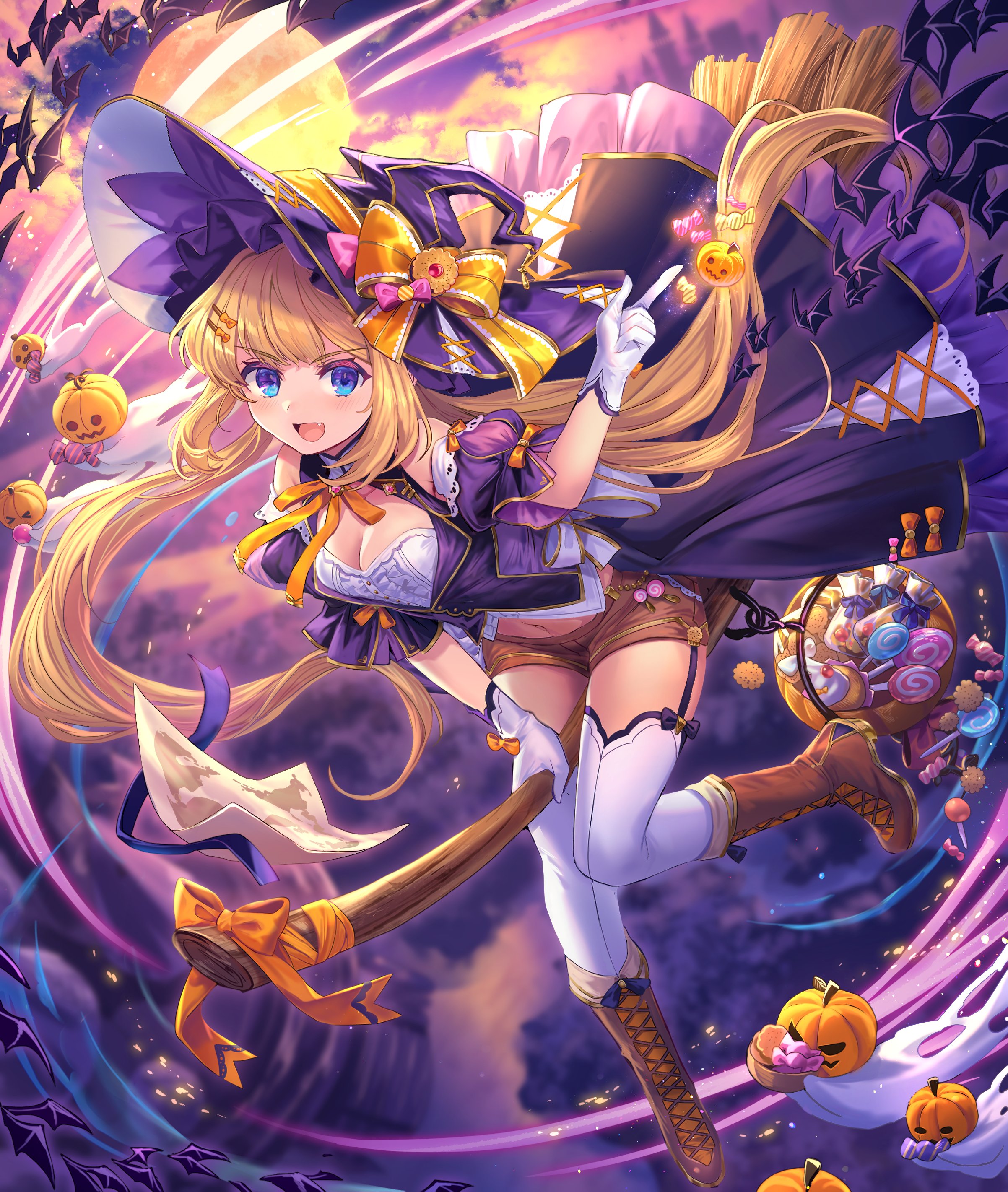 Anime 2404x2843 Shichigatsu witch hat portrait display candy anime girls long hair witch looking at viewer blonde blue eyes witch costume broom witch's broom boots thigh-highs flying bats zettai ryouiki hat white gloves gloves open mouth smiling pumpkin food detached sleeves Moon animals