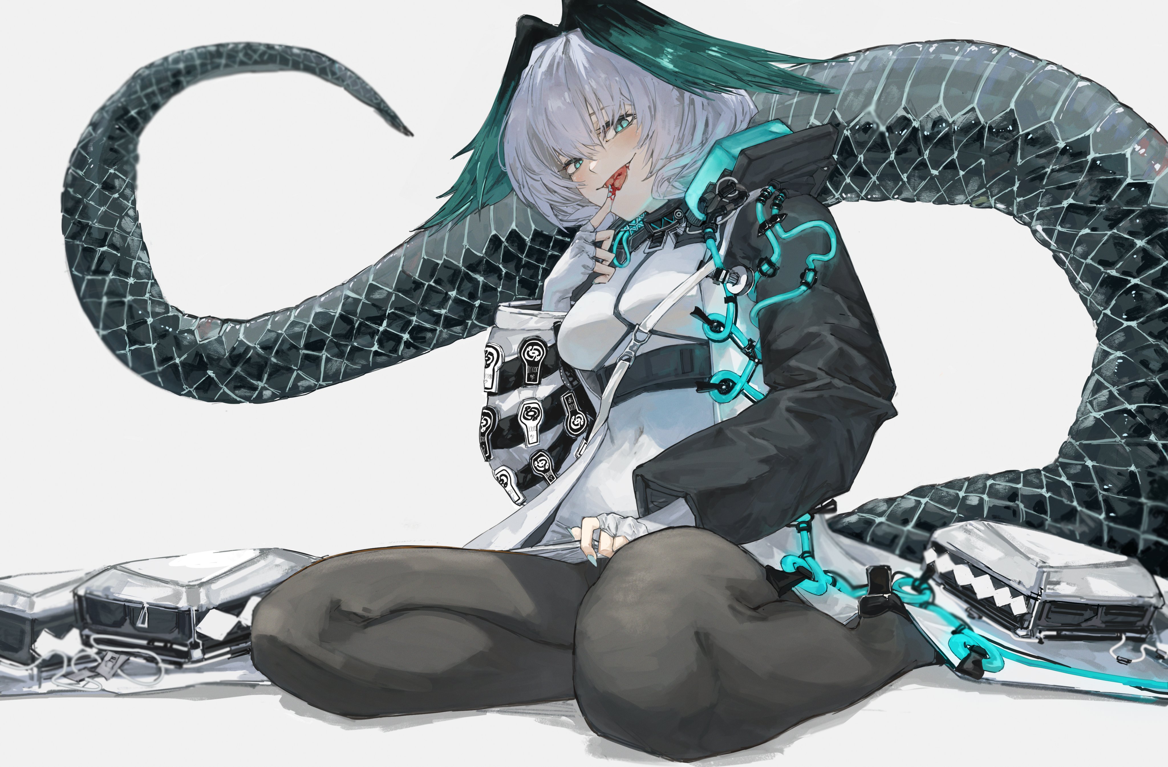Anime 4096x2691 anime girls simple background tongue out blood short hair tail looking at viewer white background gloves fingerless gloves Arknights Ho'olheyak (Arknights)