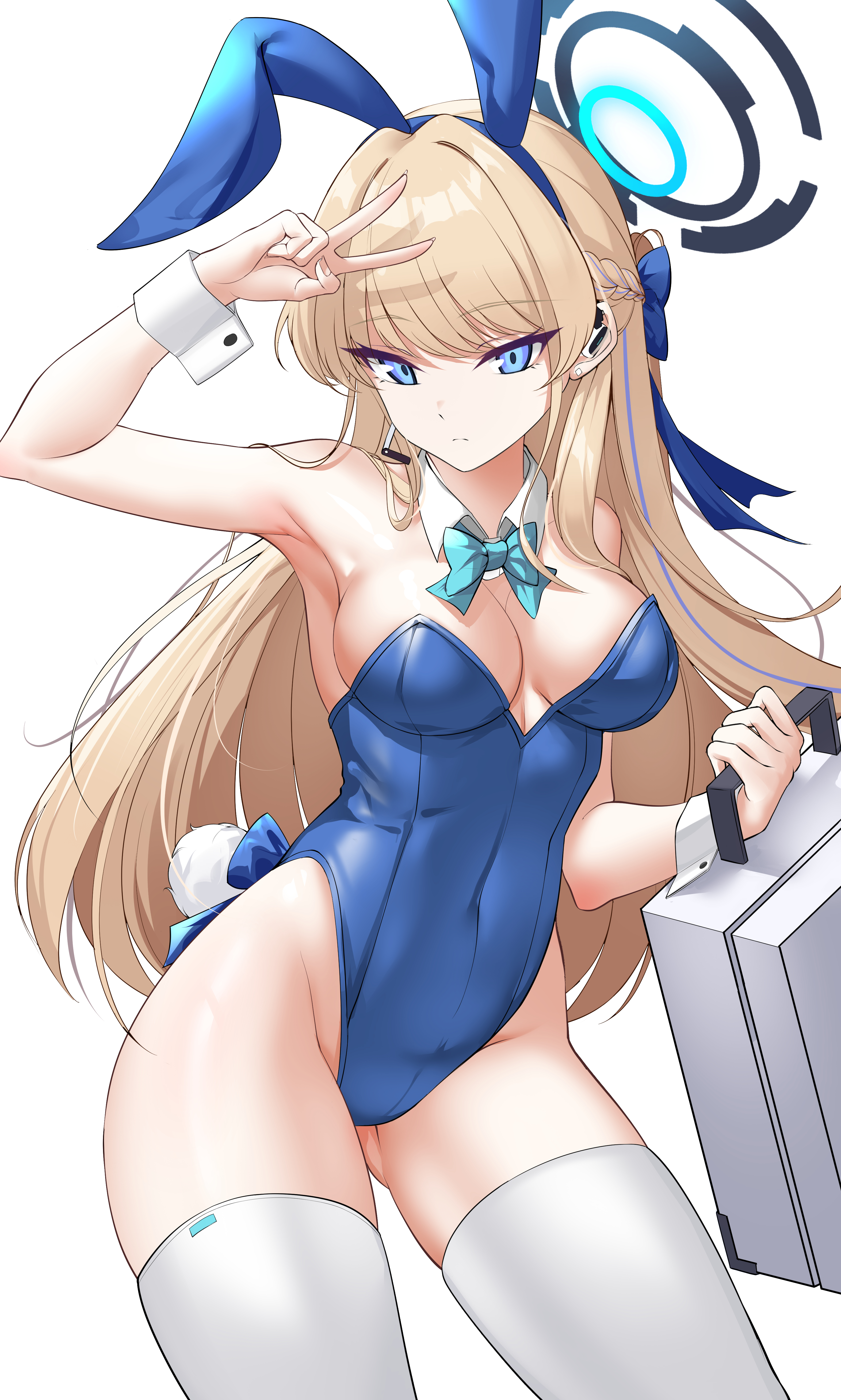Anime 3144x5234 Blue Archive Elze anime girls blonde blue eyes bunny ears leotard blue leotard long hair bunny suit peace sign suitcase bunny tail stockings looking at viewer bow tie bunny girl boobs cleavage armpits portrait display thighs Asuma Toki (Blue Archive) simple background white background