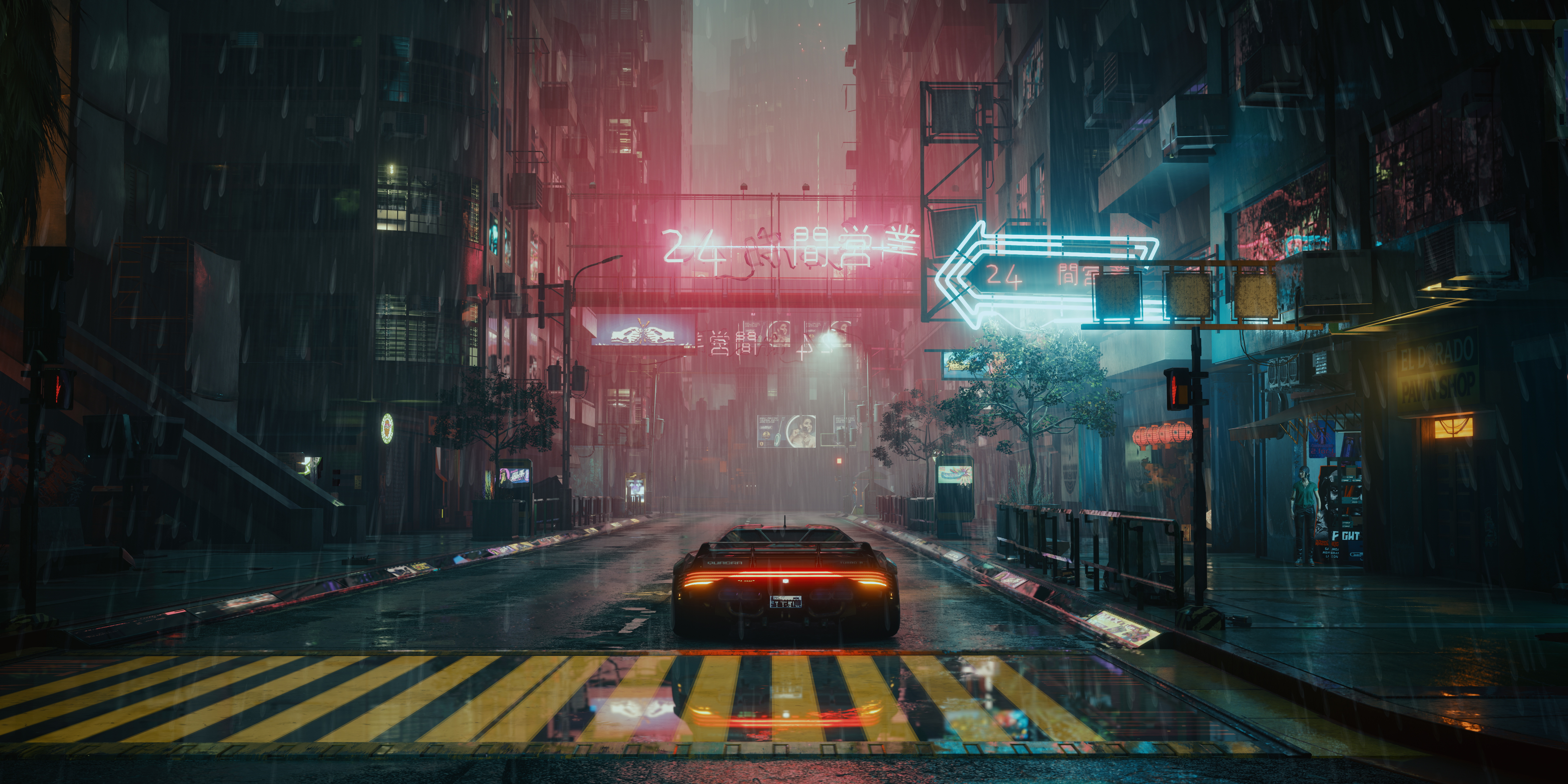 General 6400x3200 car neon cyberpunk rain reflection taillights road Cyberpunk 2077 CD Projekt RED digital art video games