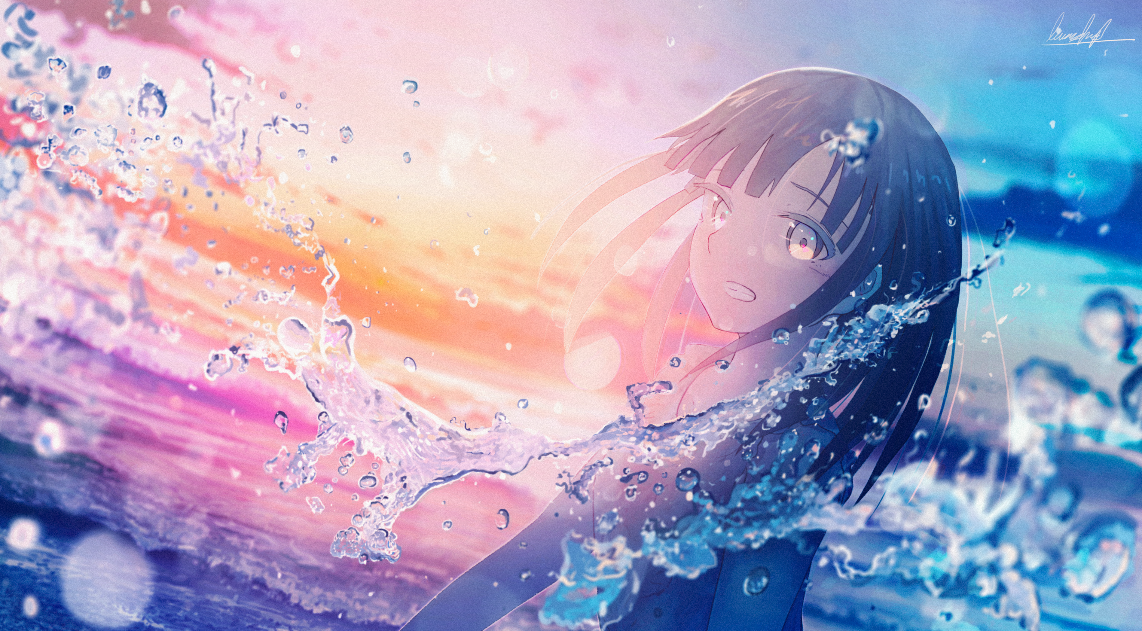 Anime 3800x2100 anime girls water water drops sunset sunset glow waves looking at viewer