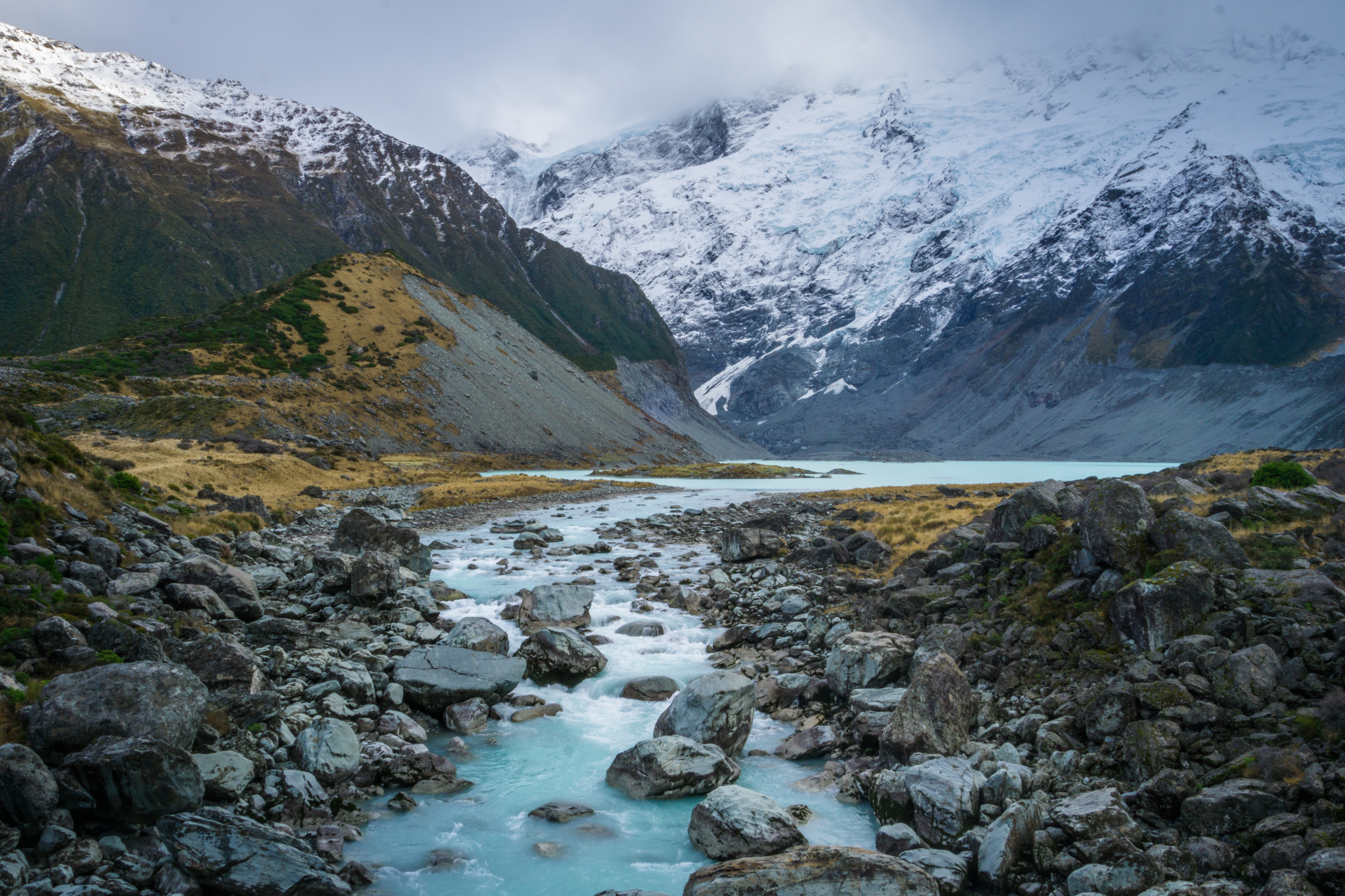 General 3645x2430 New Zealand Hooker Lake stream rocks Mount Cook water nature mountains snow