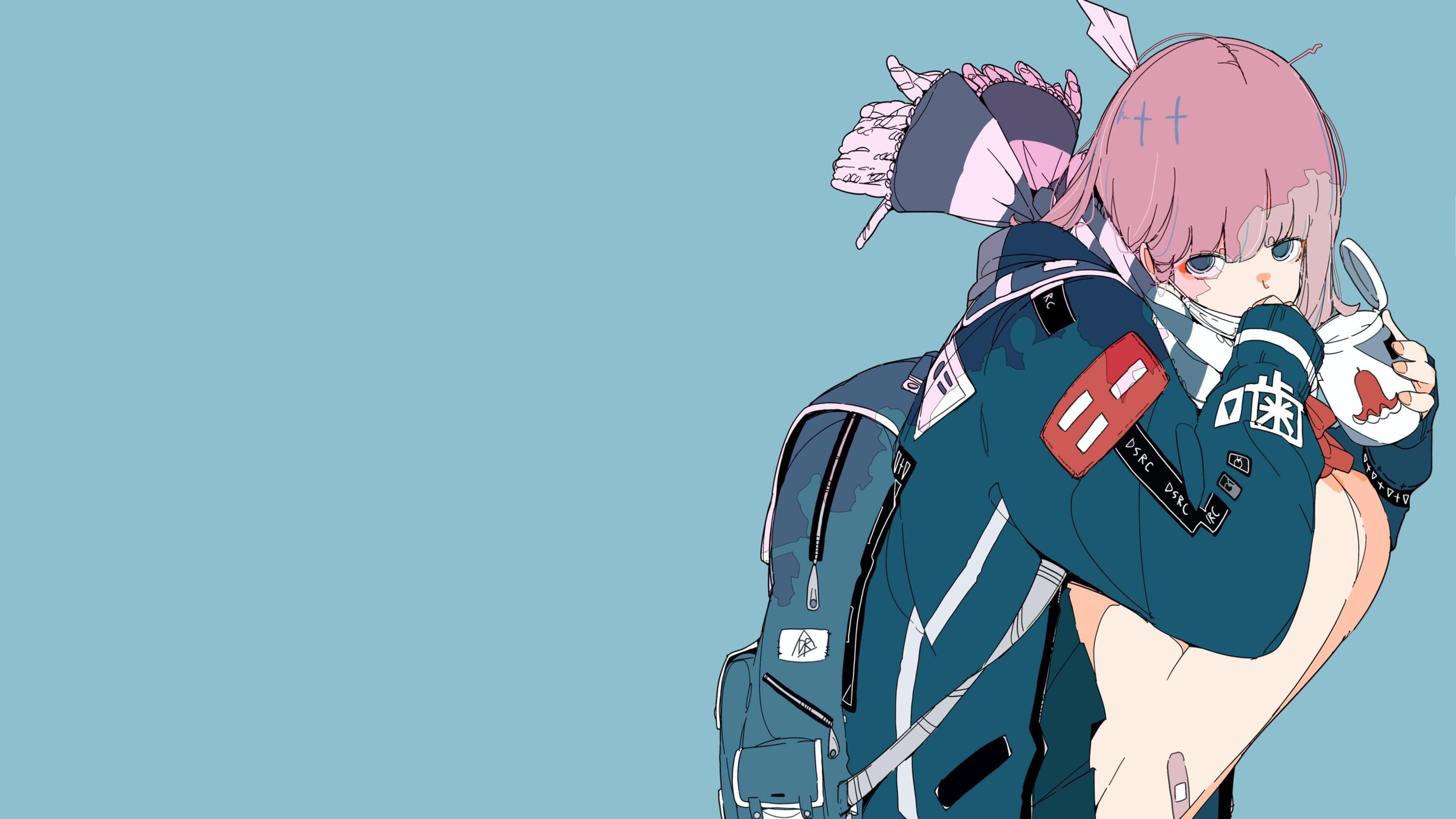 Anime 3840x2160 daisukerichard anime girls original characters minimalism scarf simple background blue background squatting backpacks mask looking at viewer