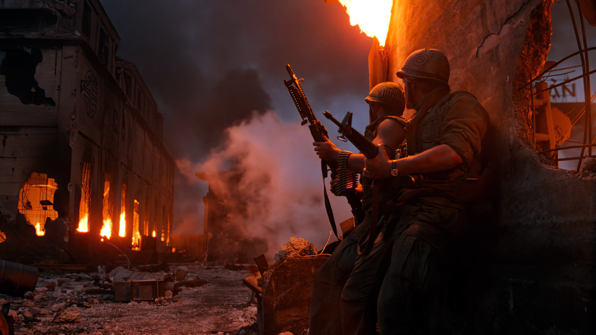 People 1920x1080 Full Metal Jacket movies film stills Vietnam War soldier assault rifle fire ruins smoke helmet Stanley Kubrick M16