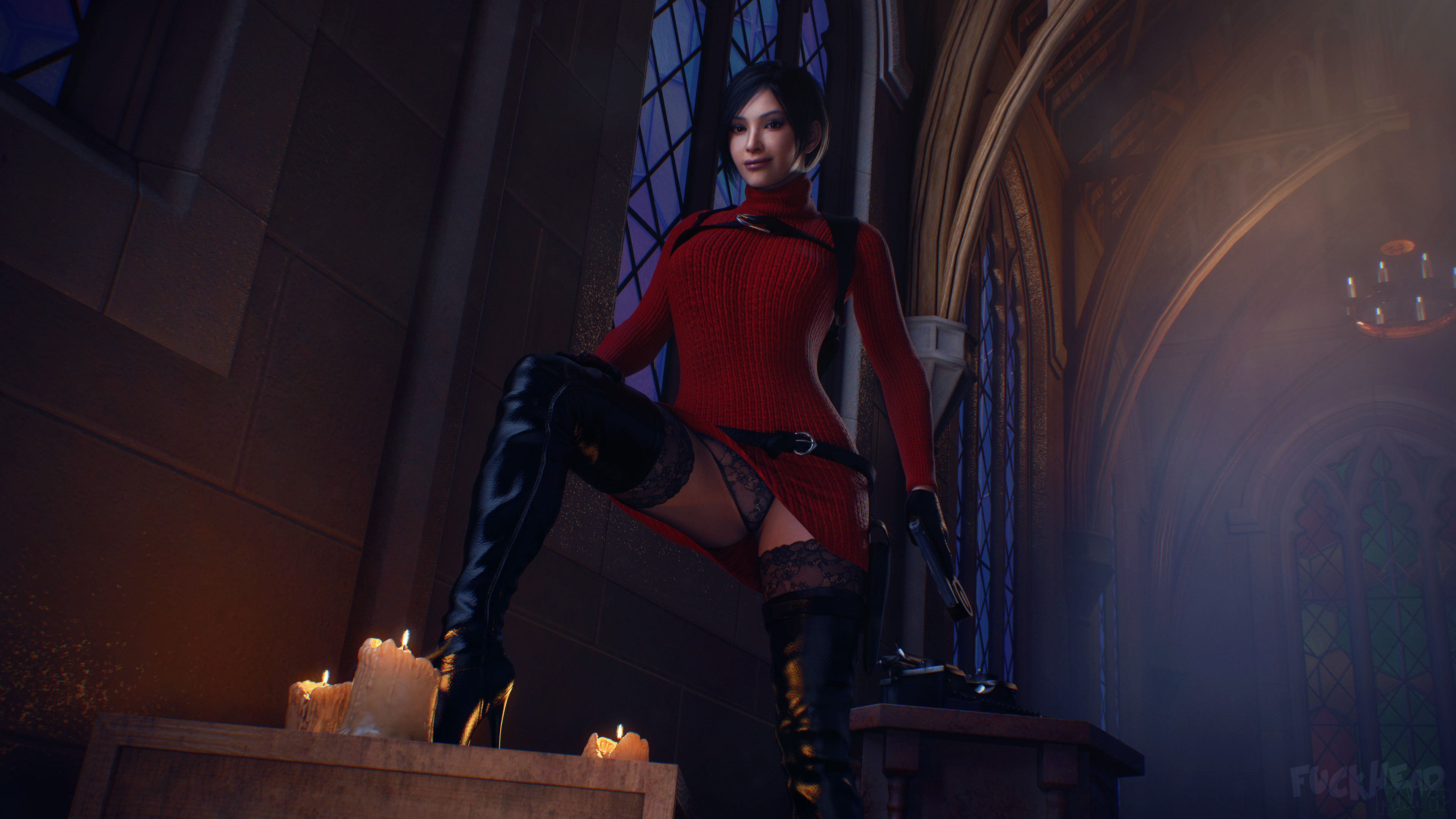 General 3840x2160 Resident Evil Ada Wong panties digital art watermarked video games CGI video game characters video game girls candles gun girls with guns short hair stained glass smiling looking at viewer FUCKHEAD MANiP
