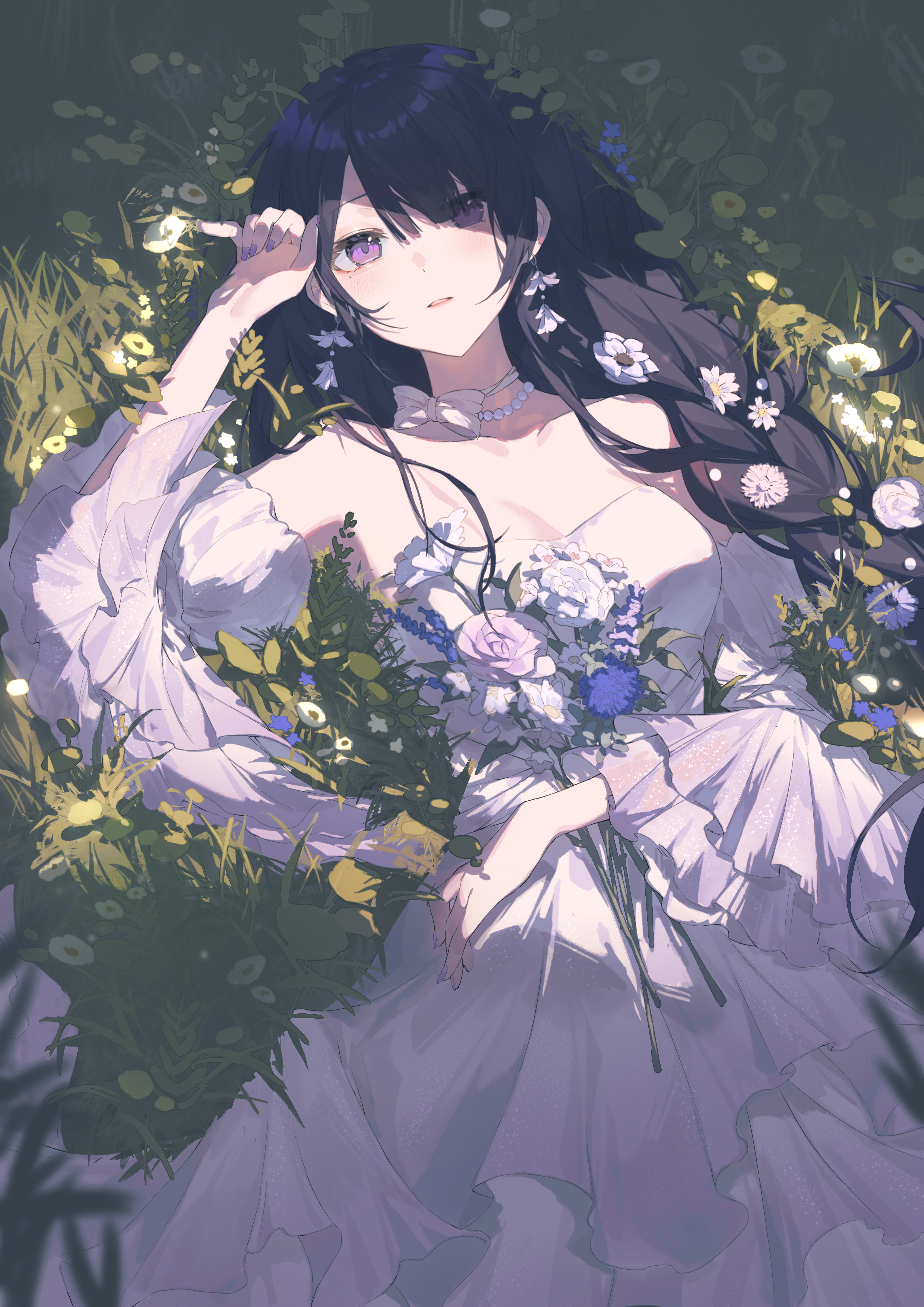 Anime 2480x3508 Genshin Impact artwork Raiden Shogun (Genshin Impact) anime anime girls purple hair purple eyes white dress necklace cleavage bouquet flowers grass earring neck cuff dress looking at viewer long hair mole under eye lying on back bow tie pearl necklace