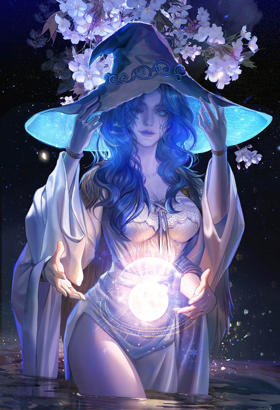 General 975x1425 Fan Yang video game girls video game characters Elden Ring video games Ranni (Elden Ring) hat witch hat one eye closed standing in water water starry night stars night spell flowers long hair blue hair portrait display cleavage thighs looking at viewer boobs white dress sky white flowers lights blue eyes gradient arms up blue skin sparkles