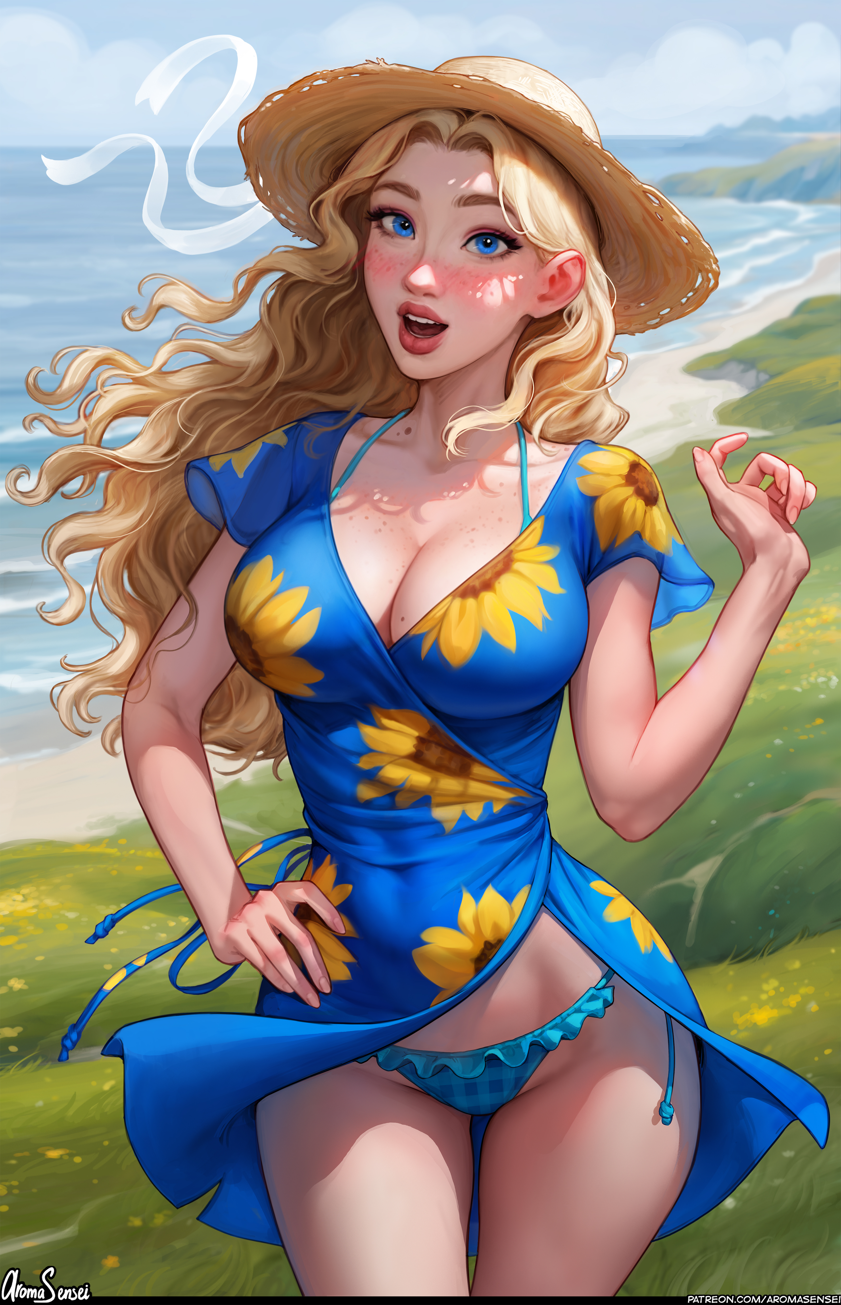 General 3223x5000 Haley (Stardew Valley) Stardew Valley video game girls blonde artwork drawing fan art Aroma Sensei upskirt dress blue eyes big boobs hat women with hats standing cleavage outdoors women outdoors video games sunlight collarbone long hair signature water looking at viewer skinny hair blowing in the wind wind portrait display