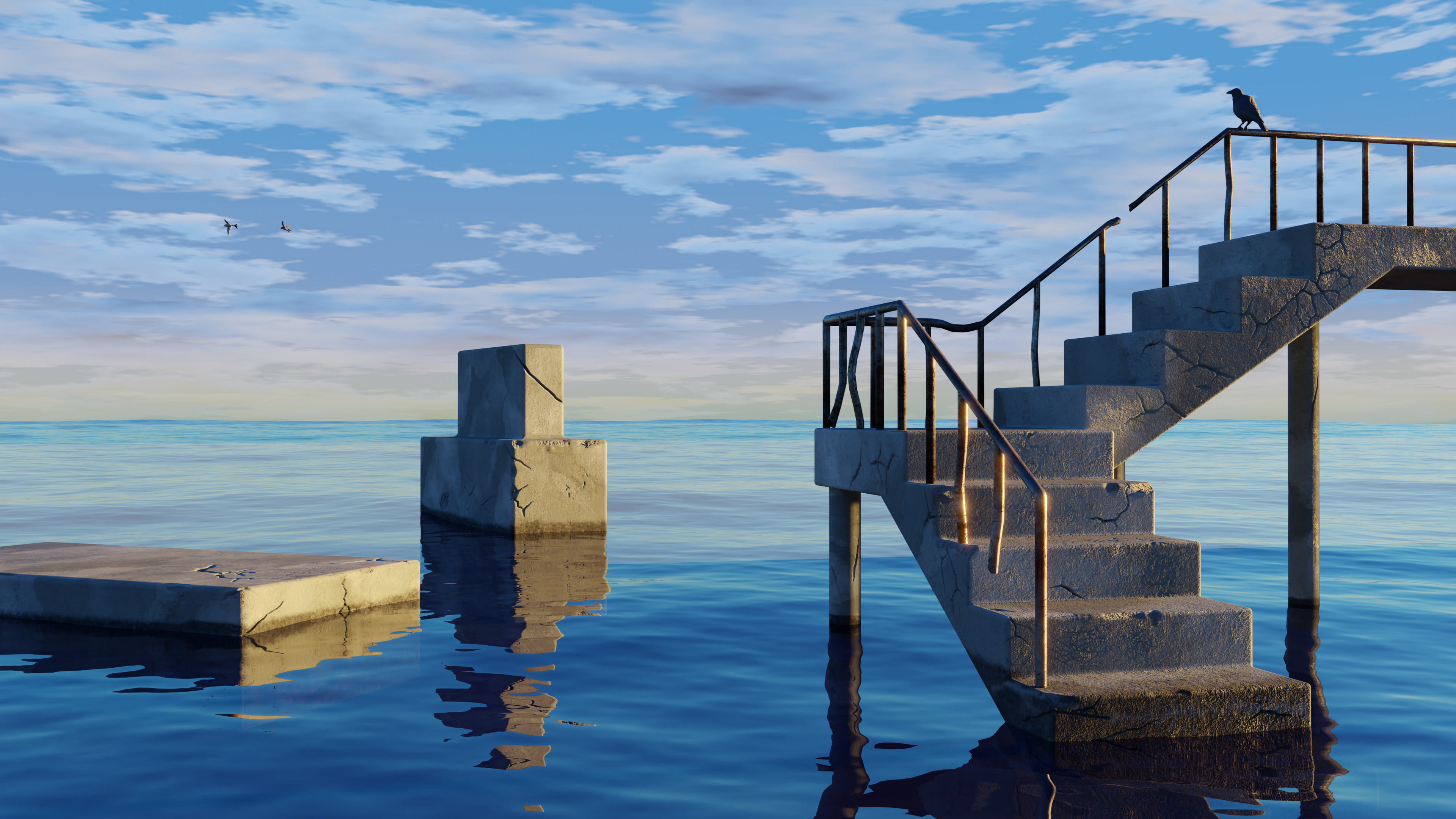 General 3840x2160 stairs water sea crow raven birds digital art clouds reflection animals