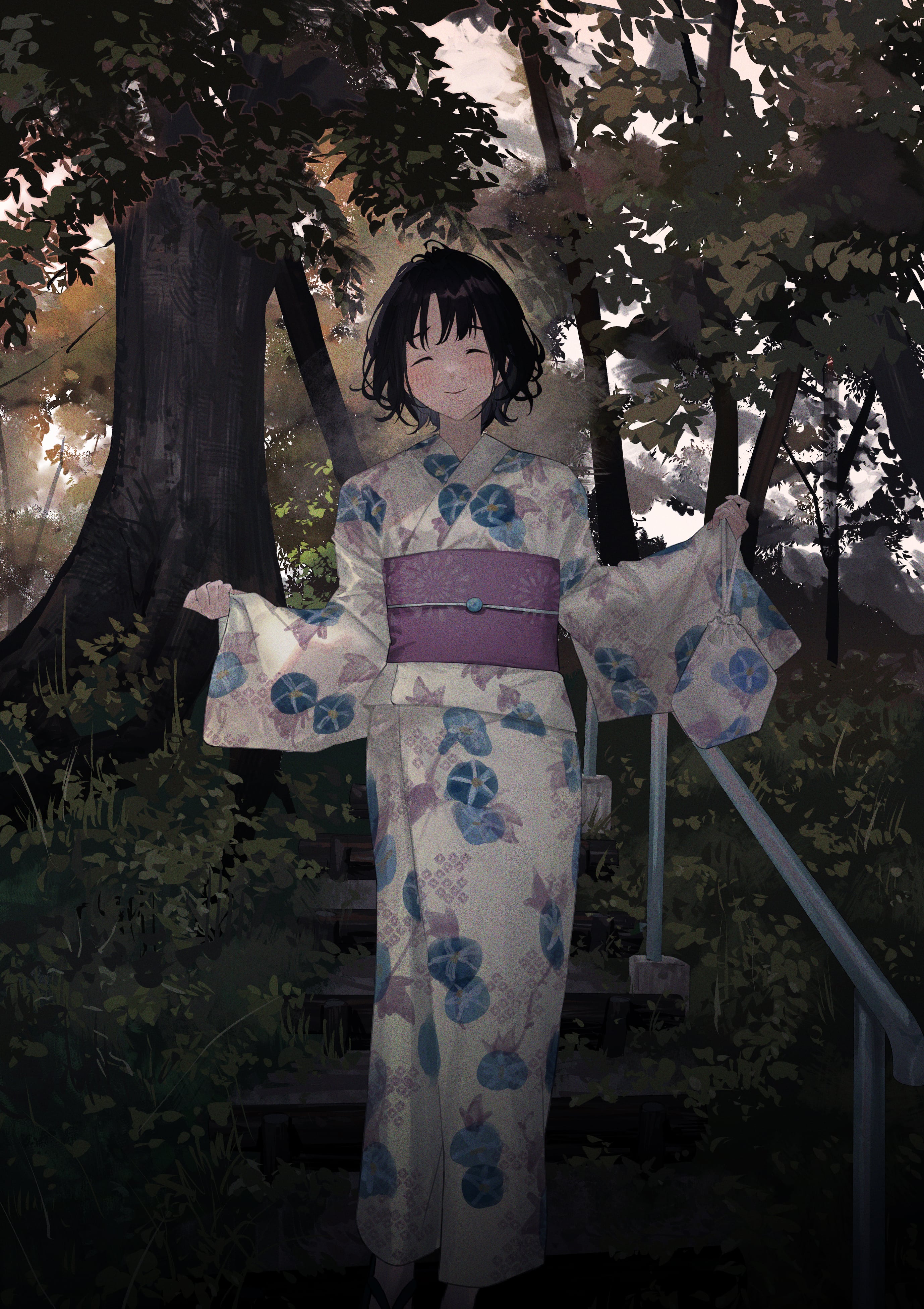 Anime 2756x3904 matsukenmanga anime solo yukata smiling dark hair short hair forest stairs noise anime girls closed eyes curly hair portrait display standing closed mouth outdoors women outdoors trees leaves kimono