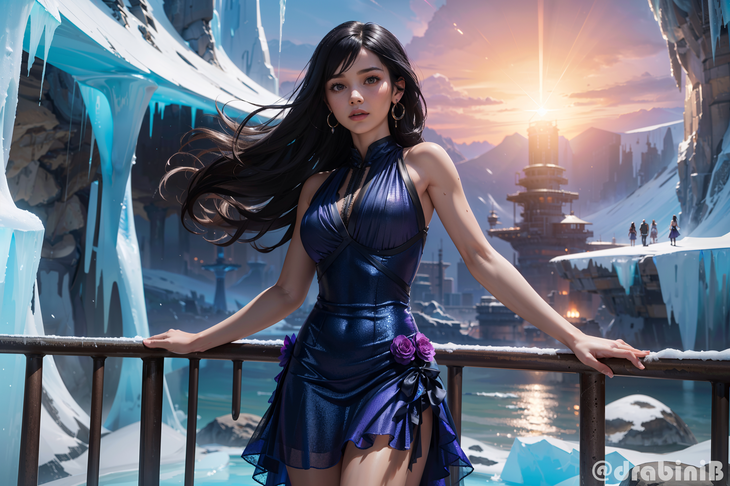 General 3072x2048 Stable Diffusion AI art women rose ice blue dress dark hair earring looking at viewer digital art sunlight bare shoulders standing parted lips long hair watermarked clouds water snow dress DrabiniB handrail skinny sky