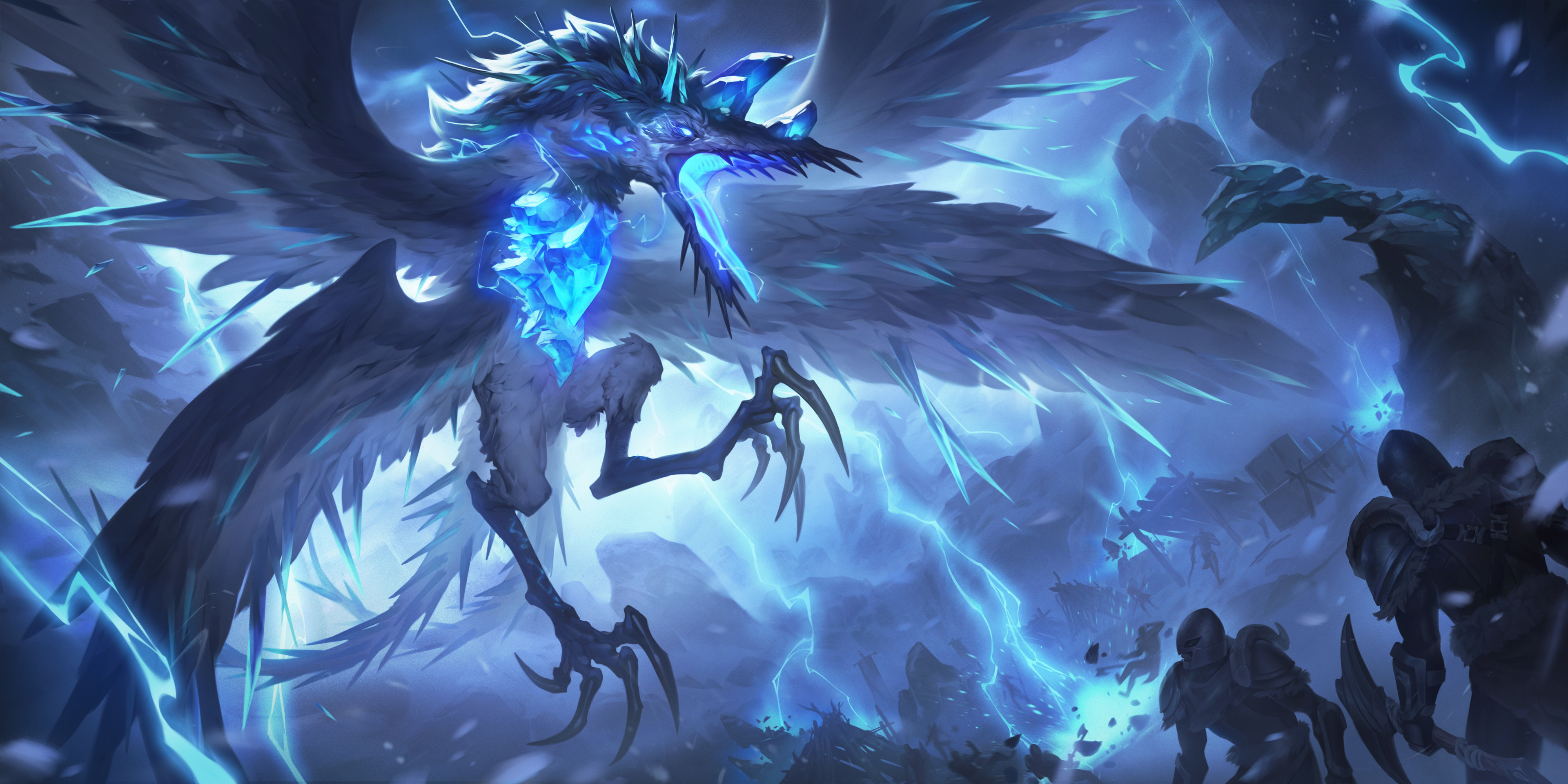 General 3840x1920 Huyy Nguyen drawing dragon fantasy art icicle digital art birds Legends of Runeterra Crystalline Stormraptor open mouth lightning armor claws wings blue creature men weapon video games video game art crystal  spikes