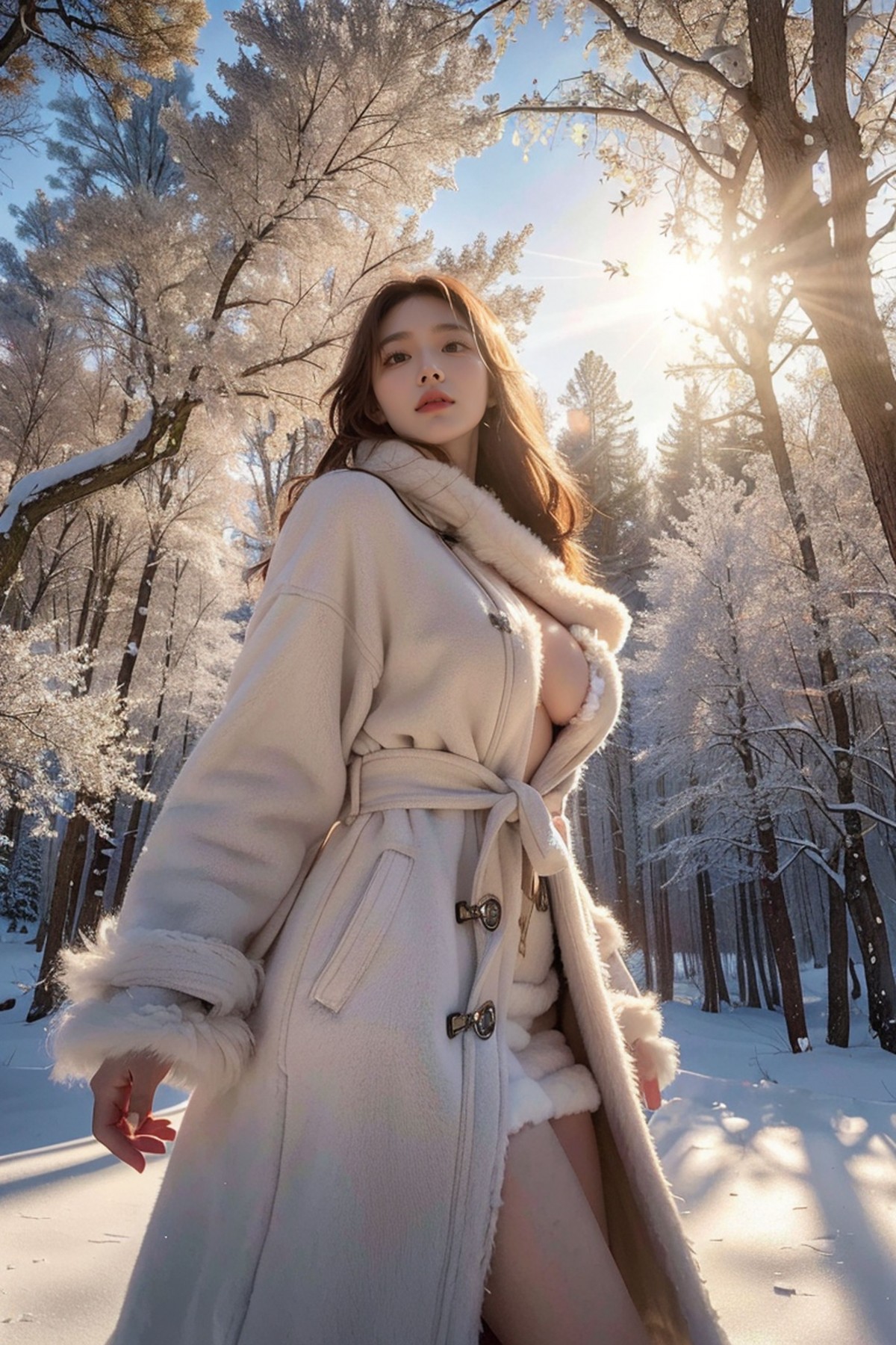 General 1200x1800 red lipstick sunlight dress tight clothing minidress thighs winter clothing winter tree bark snow looking at viewer AI art sideboob no bra portrait display standing snow coat snow covered outdoors women outdoors parted lips brunette sky digital art fur fur trim Asian women