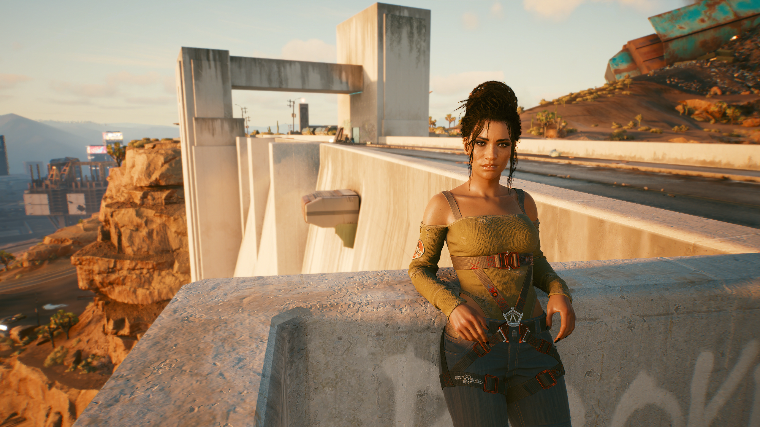 General 2560x1440 cyberpunk 2077 Panam Palmer Cyberpunk 2077 digital art Panam Palmer standing video game characters CGI video game art screen shot video game girls sunlight looking at viewer road closed mouth short hair outdoors women outdoors bare shoulders collarbone straps leaning