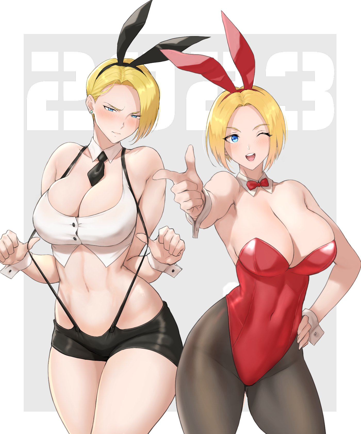 Anime 1400x1684 Art of Fighting (SNK) SNK Fatal Fury huge breasts looking at viewer blonde King of Fighters short hair King (King of Fighters) wink one eye closed video game girls standing red leotard finger pointing short shorts black shorts black pantyhose leotard cleavage hands on hips tie simple background thighs white background open mouth embarrassed white tank top wrist cuffs bunny ears red bowknot bunny girl bunny suit Blue Mary (King of Fighters) Anagumasan crop top two women finger gun pantyhose bare midriff suspenders blushing pulling clothing shorts