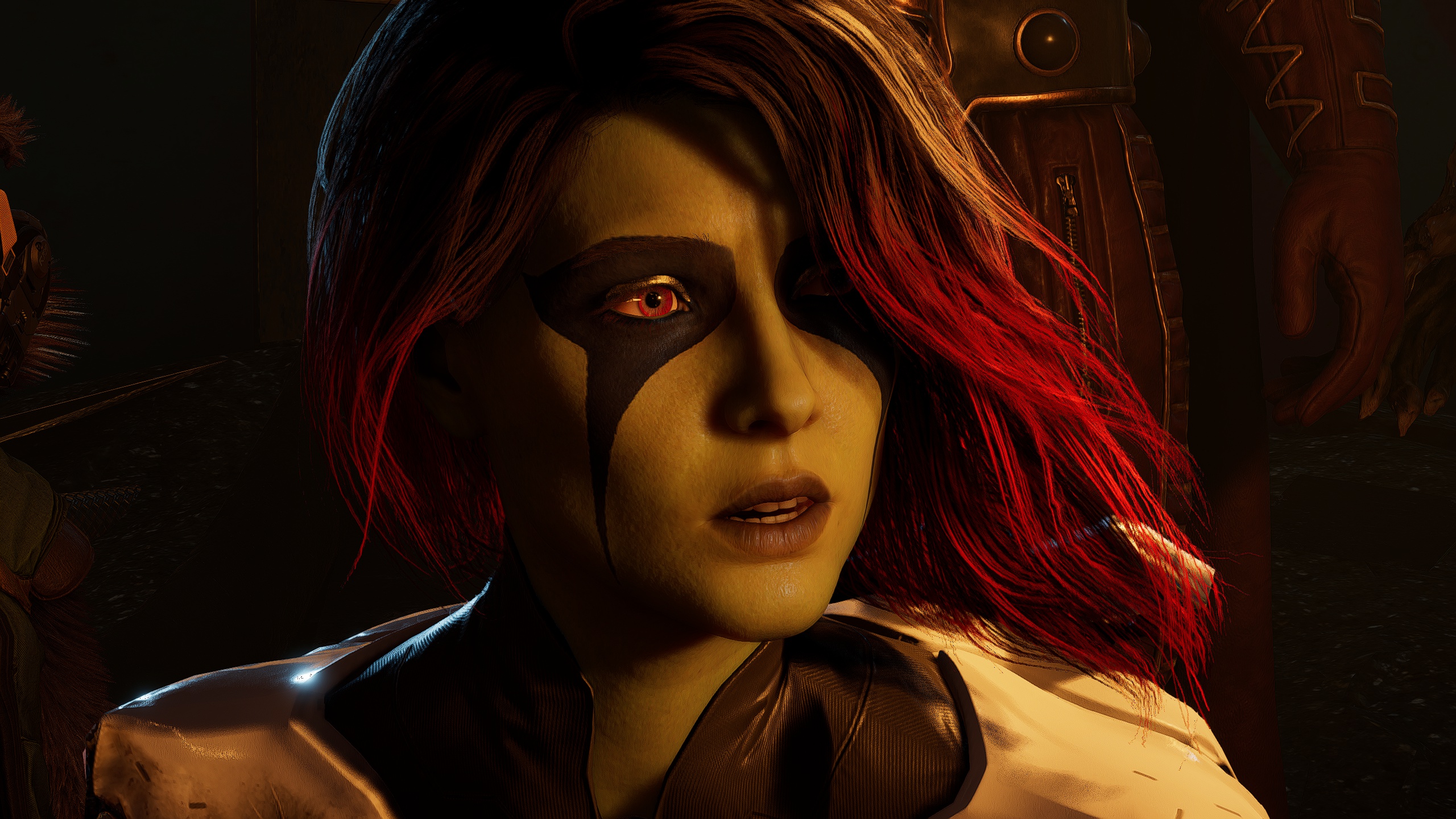 General 2560x1440 Guardians of the Galaxy (Game) Gamora  digital art closeup video games video game art screen shot video game girls teeth parted lips two tone hair gradient hair face video game characters CGI one eye obstructed