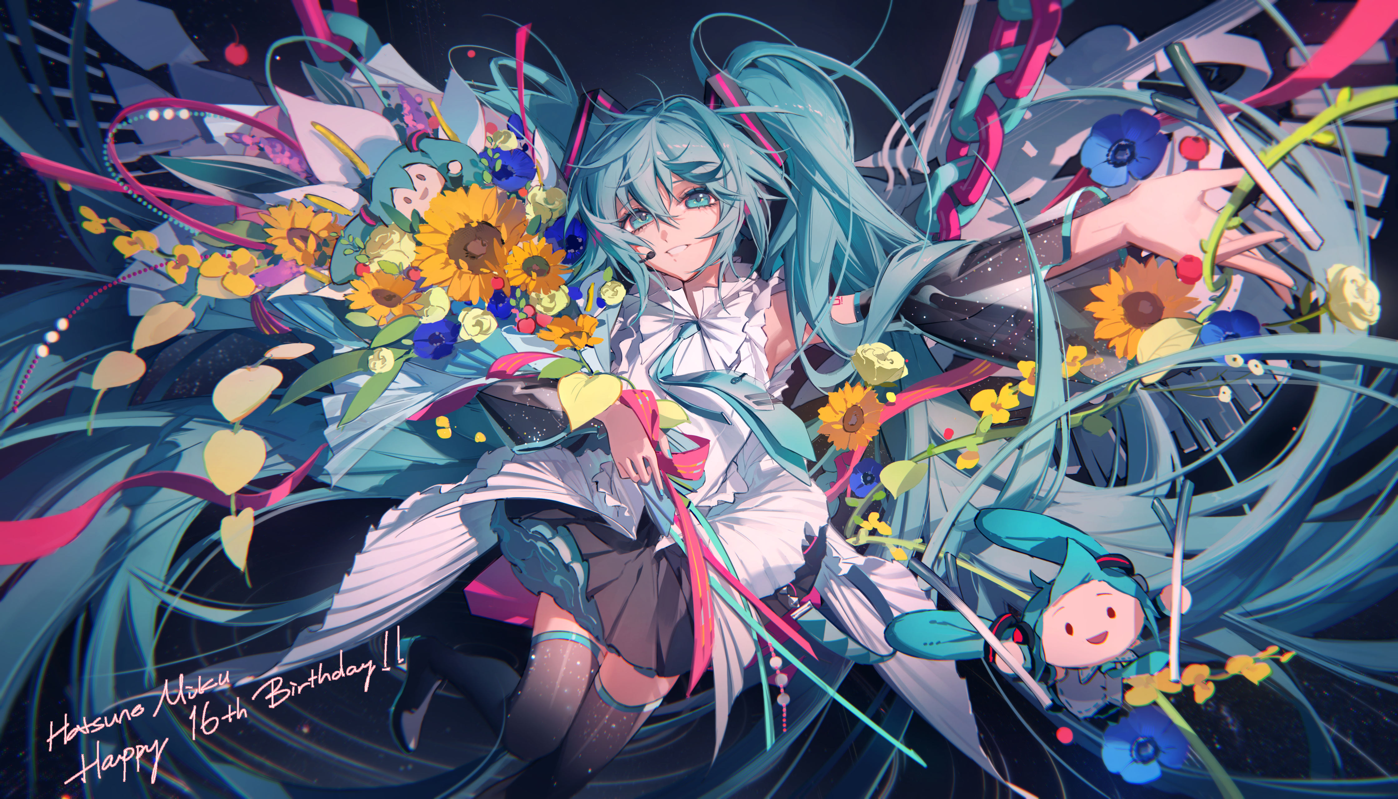 Anime 4476x2559 anime anime girls bouquet long hair birthday blue hair hair between eyes skirt blue eyes smiling Nyansky-M thigh-highs frills armpits thighs chains looking at viewer parted lips twintails Vocaloid Hatsune Miku detached sleeves flowers