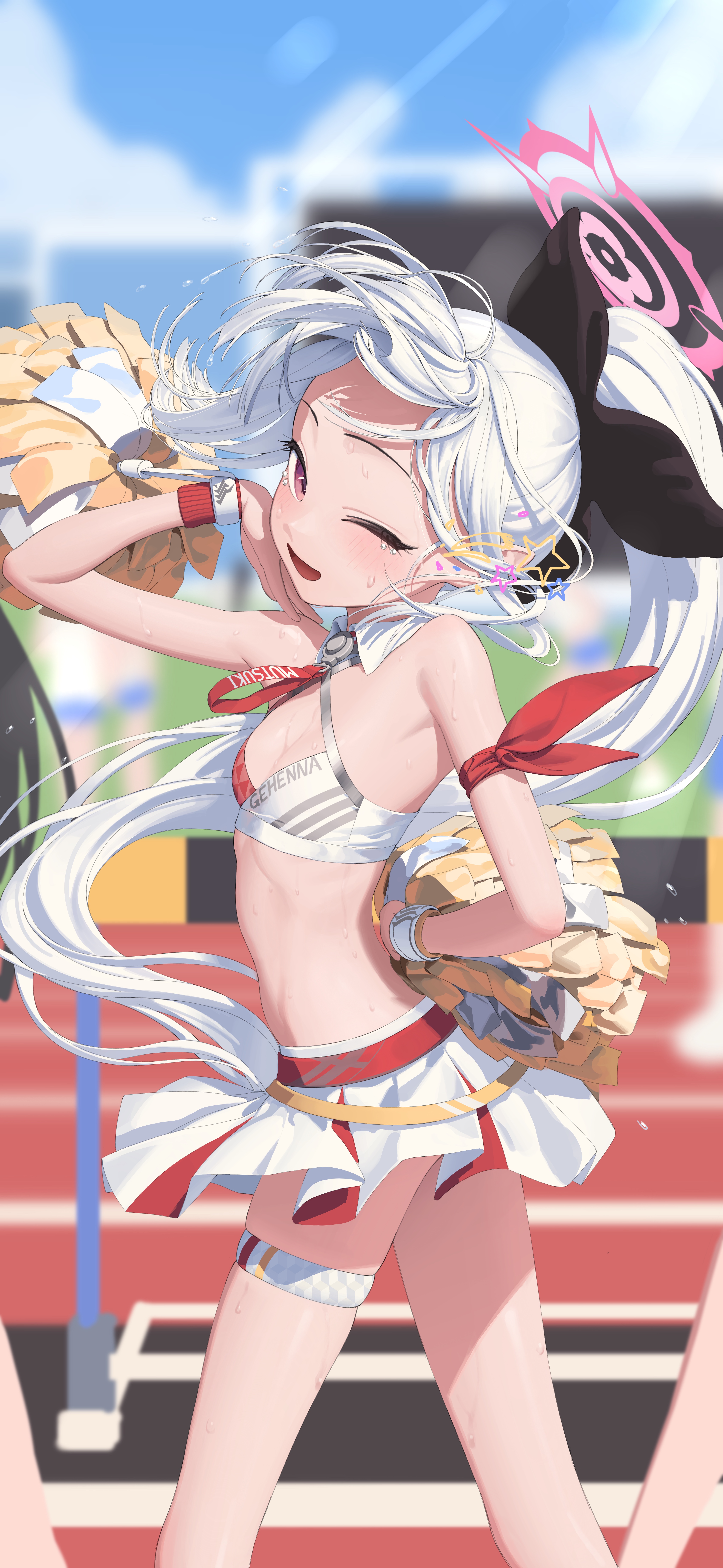 Anime 4085x8850 anime anime girls digital art artwork petite looking at viewer portrait portrait display belly belly button Asagi Mutsuki (Blue Archive) ReI Leyi bare midriff one eye closed long hair small boobs blushing open mouth white hair purple eyes standing sunlight skirt 2D cheerleaders piercing blurred blurry background Blue Archive smiling miniskirt slim body sweat sweaty body ponytail leg ring