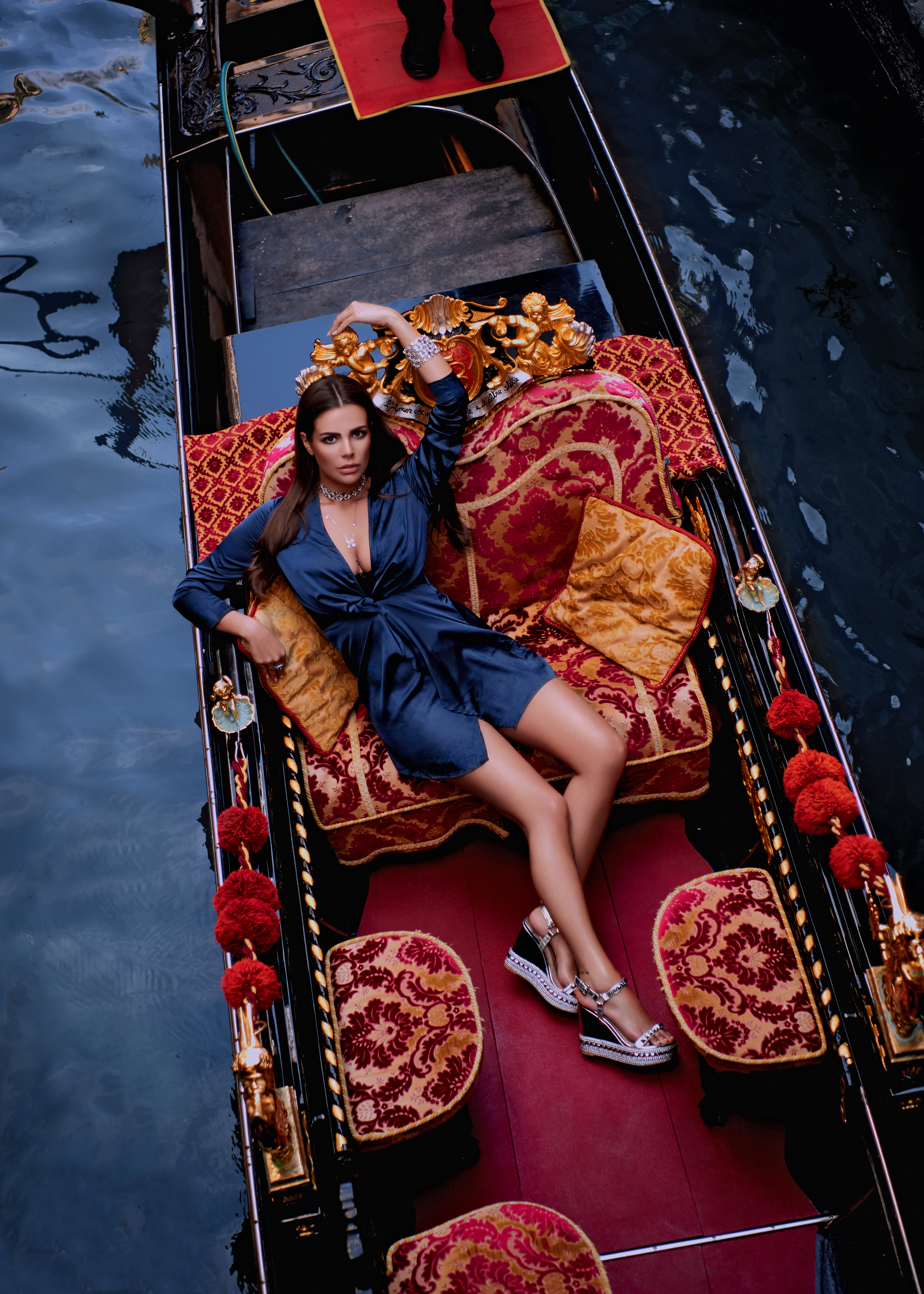 People 4752x6653 model gondolas Venice women brunette cleavage legs women outdoors portrait display outdoors Nadine Mirada water