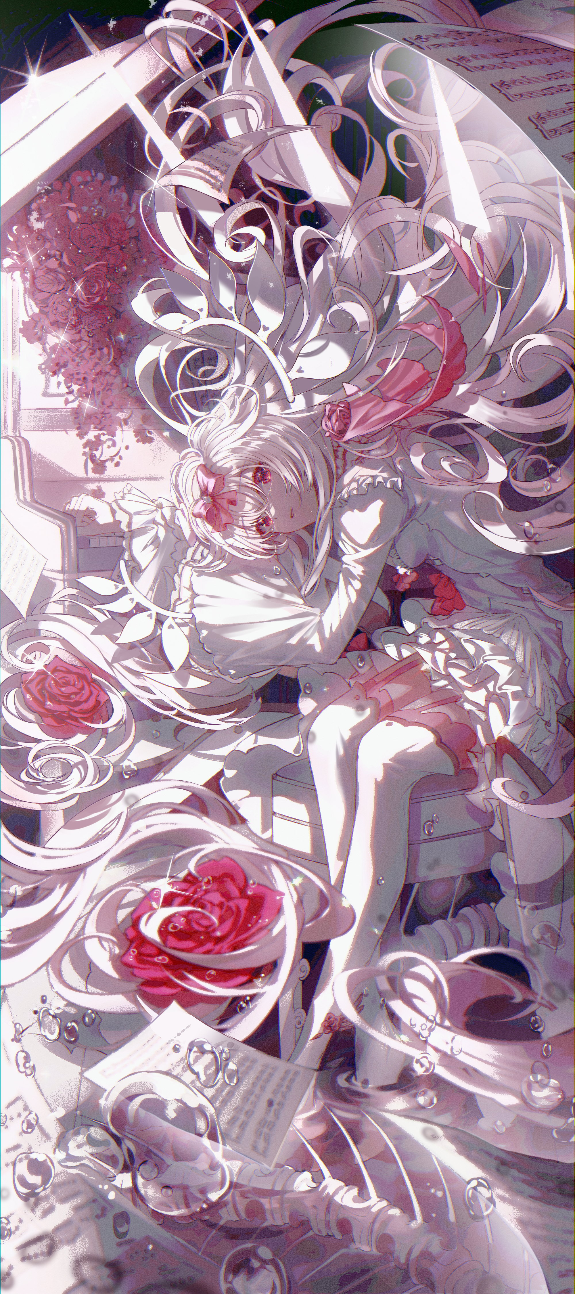 Anime 2000x4500 anime anime girls ARCAEA portrait display hikari (arcaea) long hair hair between eyes tears parted lips sitting looking at viewer dress hair ornament hair bows water drops paper indoors women indoors musical instrument piano musical notes frill dress frills stockings rose water white hair stars red eyes