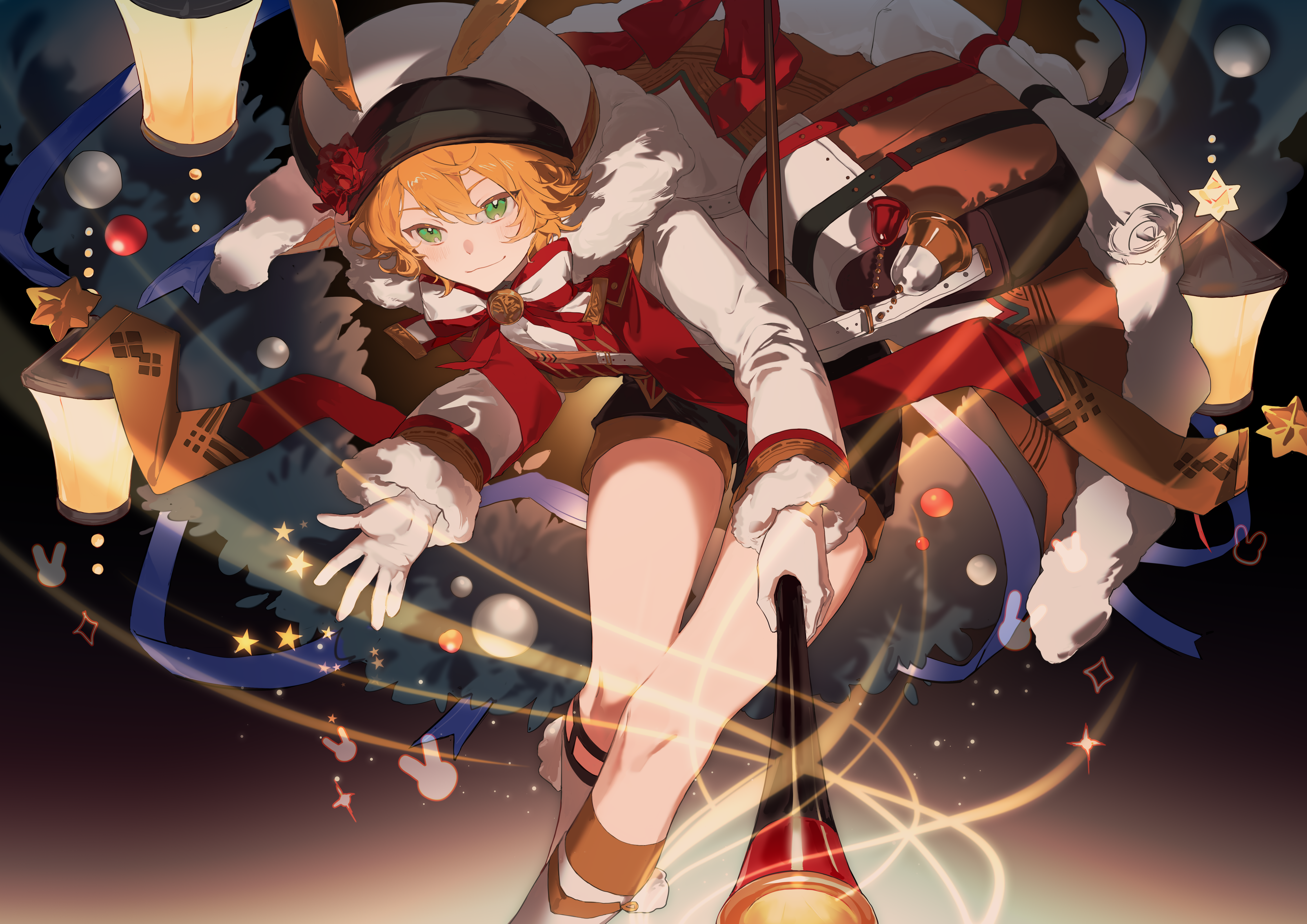 Anime 5946x4204 anime Arknights Leonhardt(Arknights) anime boys closed mouth smiling looking at viewer hair between eyes hat Christmas ornaments  gloves short hair green eyes stars Christmas clothes tailcoat Christmas bow tie white gloves coats