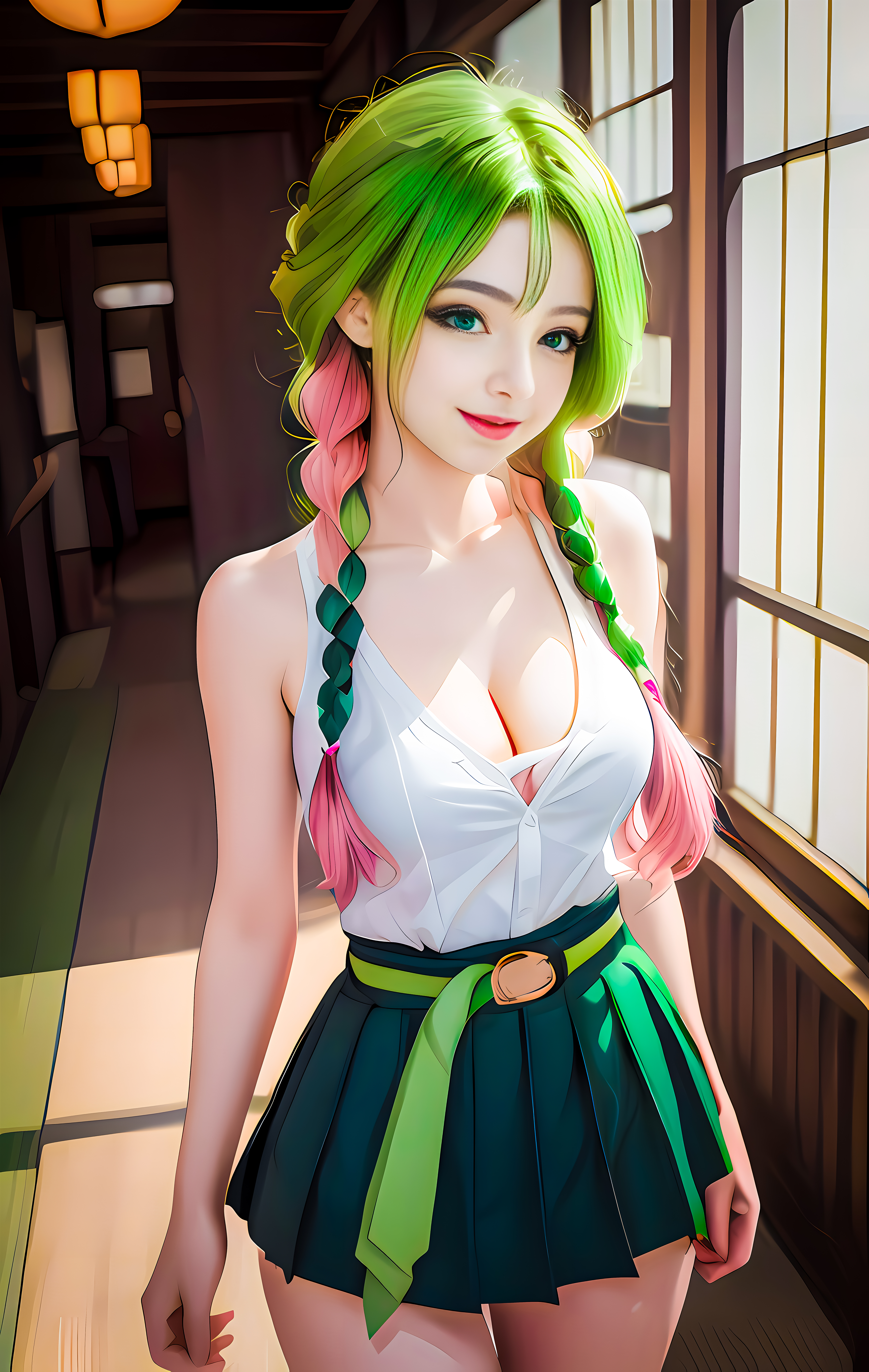 General 5168x8160 AI art portrait display looking at viewer Asian women by the window indoors women indoors cleavage bare shoulders collarbone closed mouth skirt sunlight frills two tone hair twintails braids blue eyes window American shot