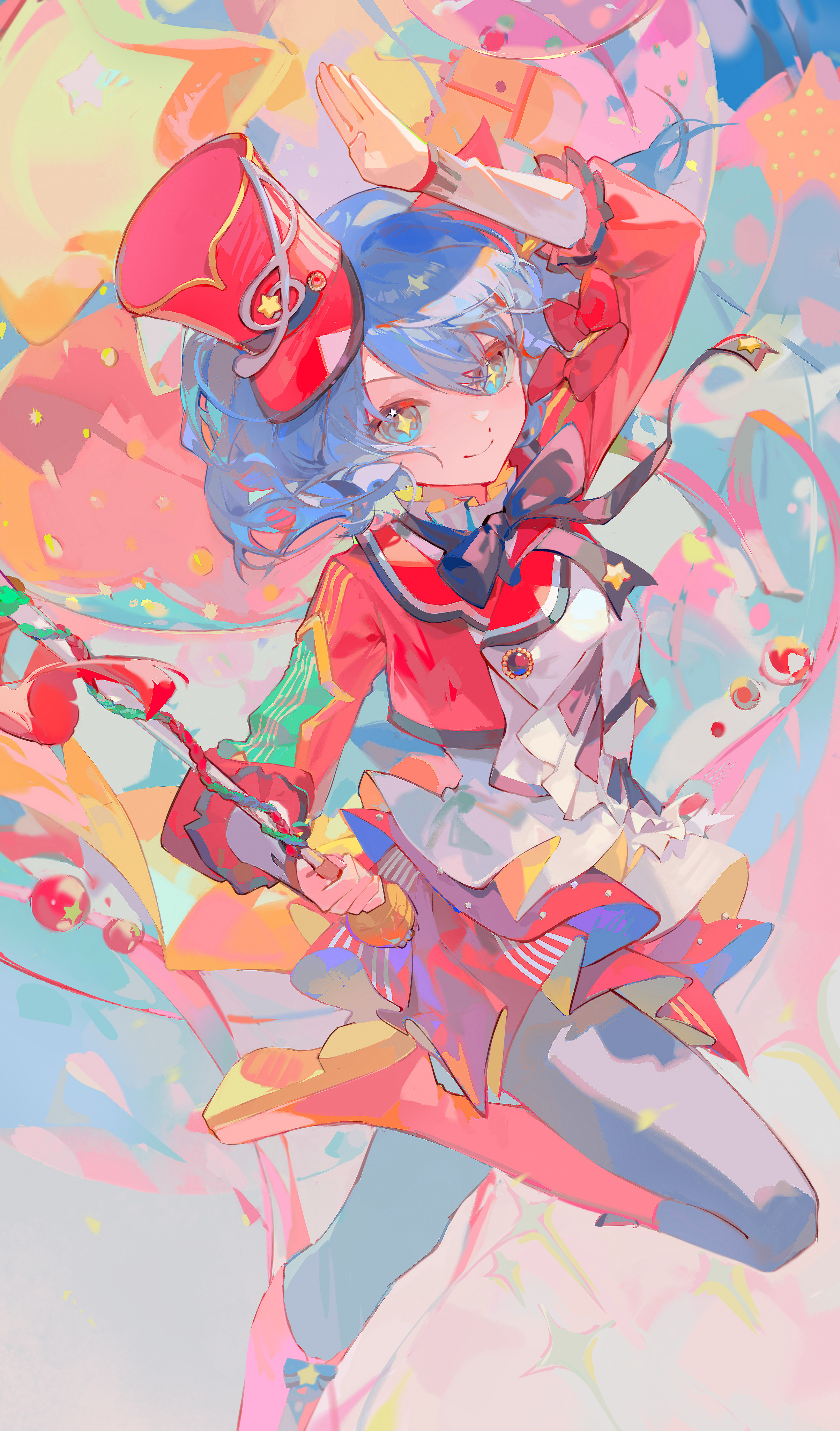 Anime 2407x4100 Project Sekai Colorful Stage! feat. Hatsune Miku colorful portrait display haliya looking at viewer Vocaloid Hatsune Miku anime girls closed eyes star eyes one arm up blue hair blue eyes bow tie shoe sole staff frills hat smiling short hair