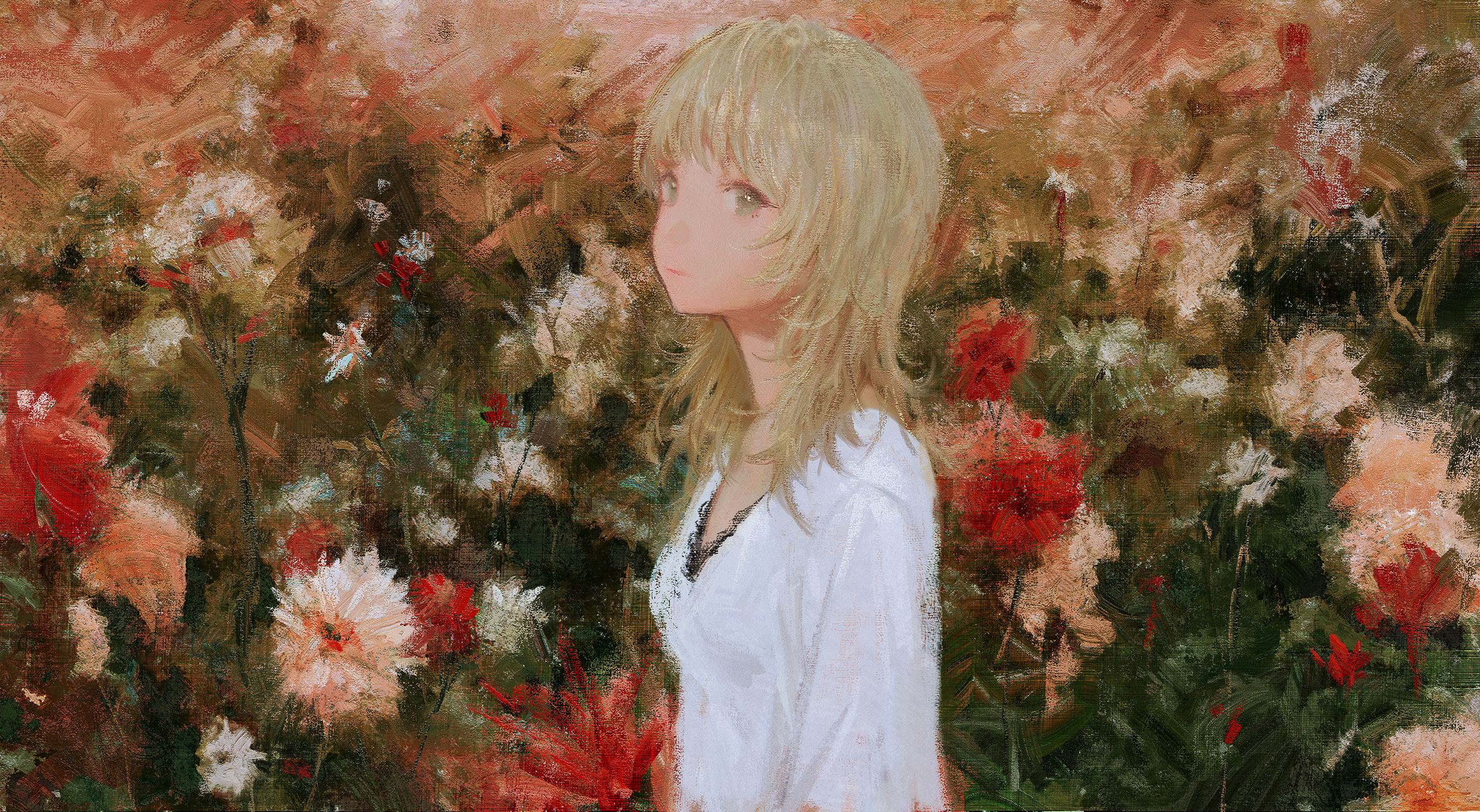 General 2666x1463 blonde long hair green eyes painting digital painting flowers white shirt digital art looking at viewer standing closed mouth Doraxxi