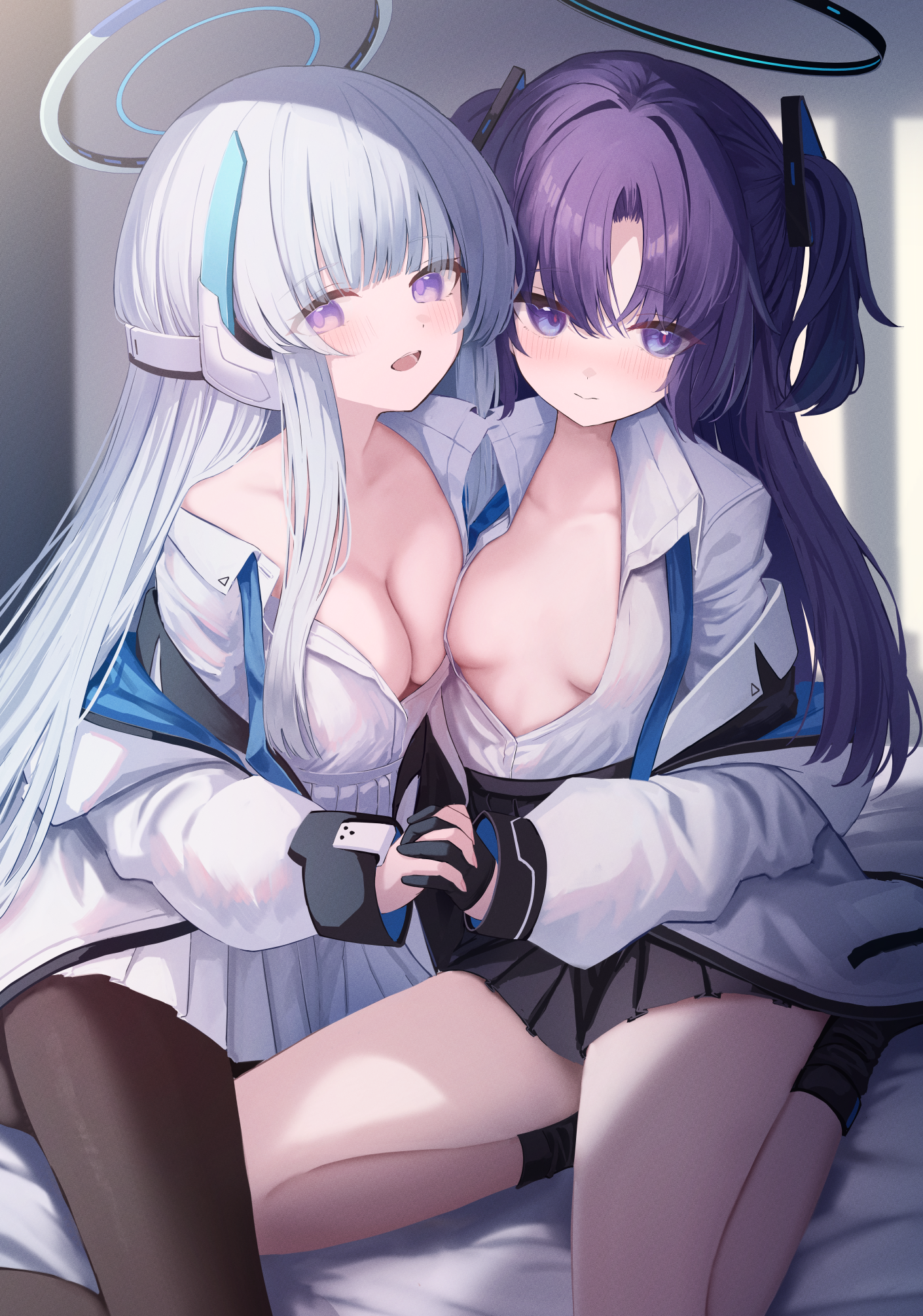 Anime 1410x2011 anime anime girls gloves collarbone closed mouth bangs boobs skirt frills black gloves cleavage schoolgirl school uniform open shirt open clothes off shoulder bent legs looking at viewer no bra Blue Archive Ushio Noa Hayase Yuuka twintails takashima shoa white hair purple eyes purple hair boobs on boobs jacket portrait display long hair holding hands blushing