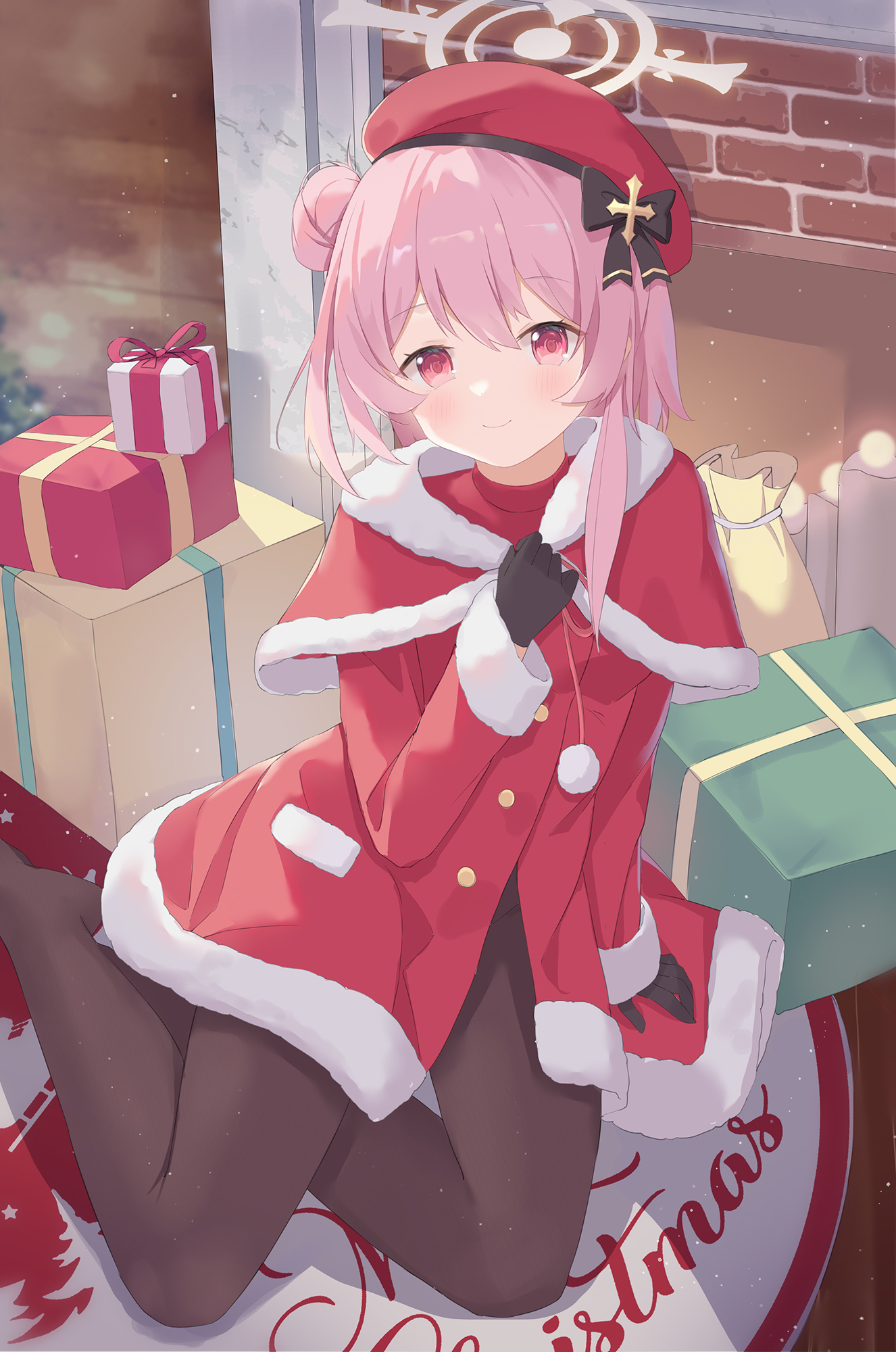Anime 1326x2000 anime anime girls pink hair red eyes Serika looking at viewer portrait display smiling Christmas clothes hairbun Christmas presents gloves black gloves pantyhose closed mouth blushing hair ribbon capelet long hair bent legs on the floor floor hair between eyes bricks women with hats hat Sumi Serina (Blue Archive) Blue Archive Christmas indoors women indoors long sleeves berets