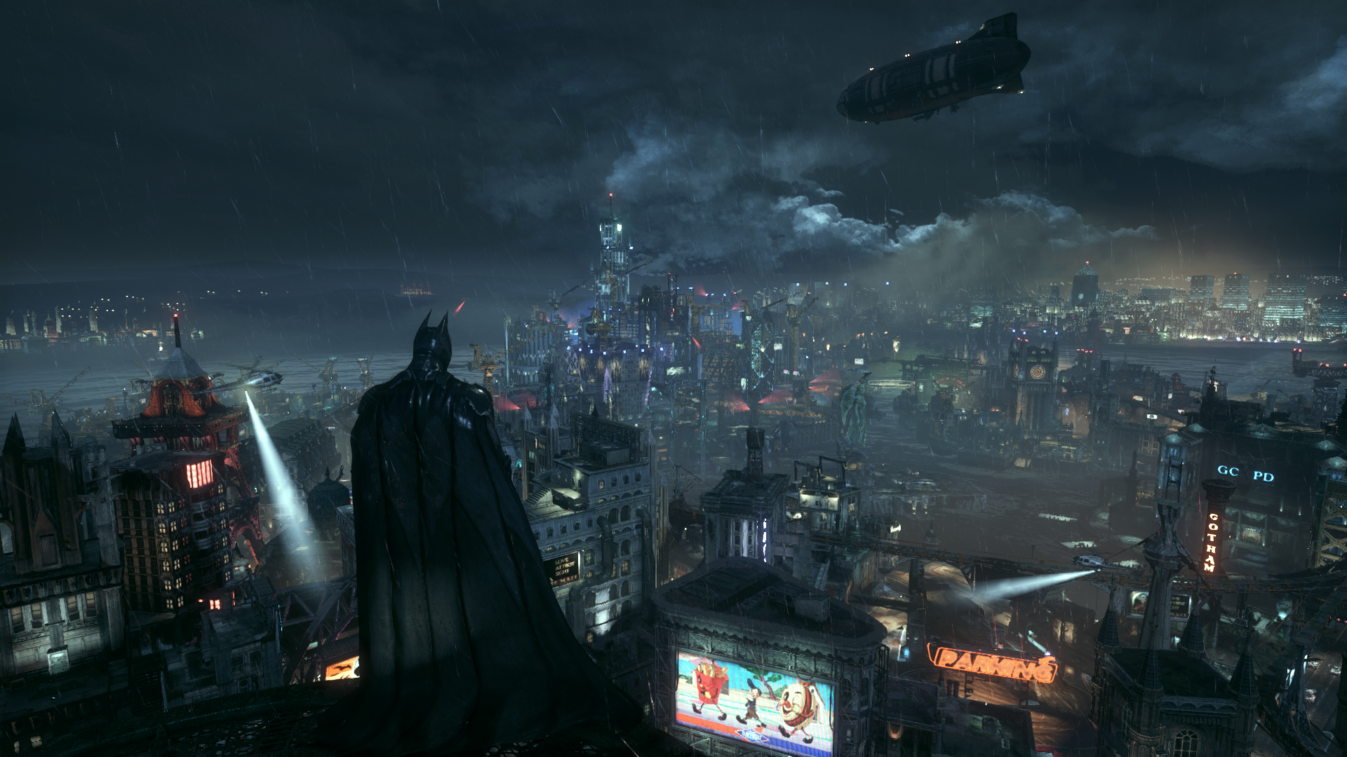 General 1920x1080 Batman: Arkham Knight PC gaming video games city night rain video game art screen shot standing sky cape clouds building sign video game characters CGI cityscape lights blimp