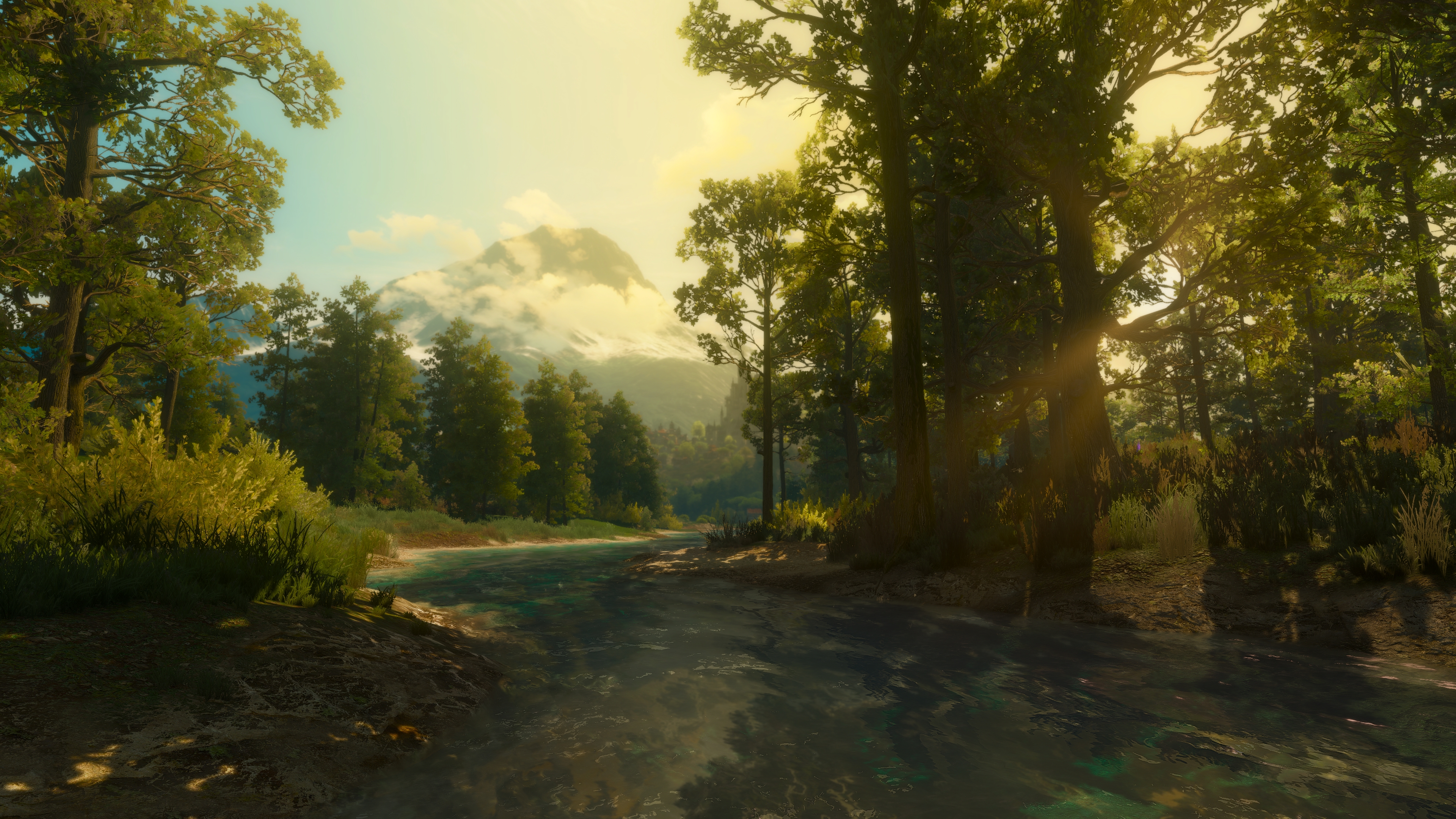 General 3840x2160 The Witcher 3: Wild Hunt PC gaming video games The Witcher 3: Wild Hunt - Blood and Wine landscape river forest trees tussent video game art screen shot clouds water sky reflection sunlight
