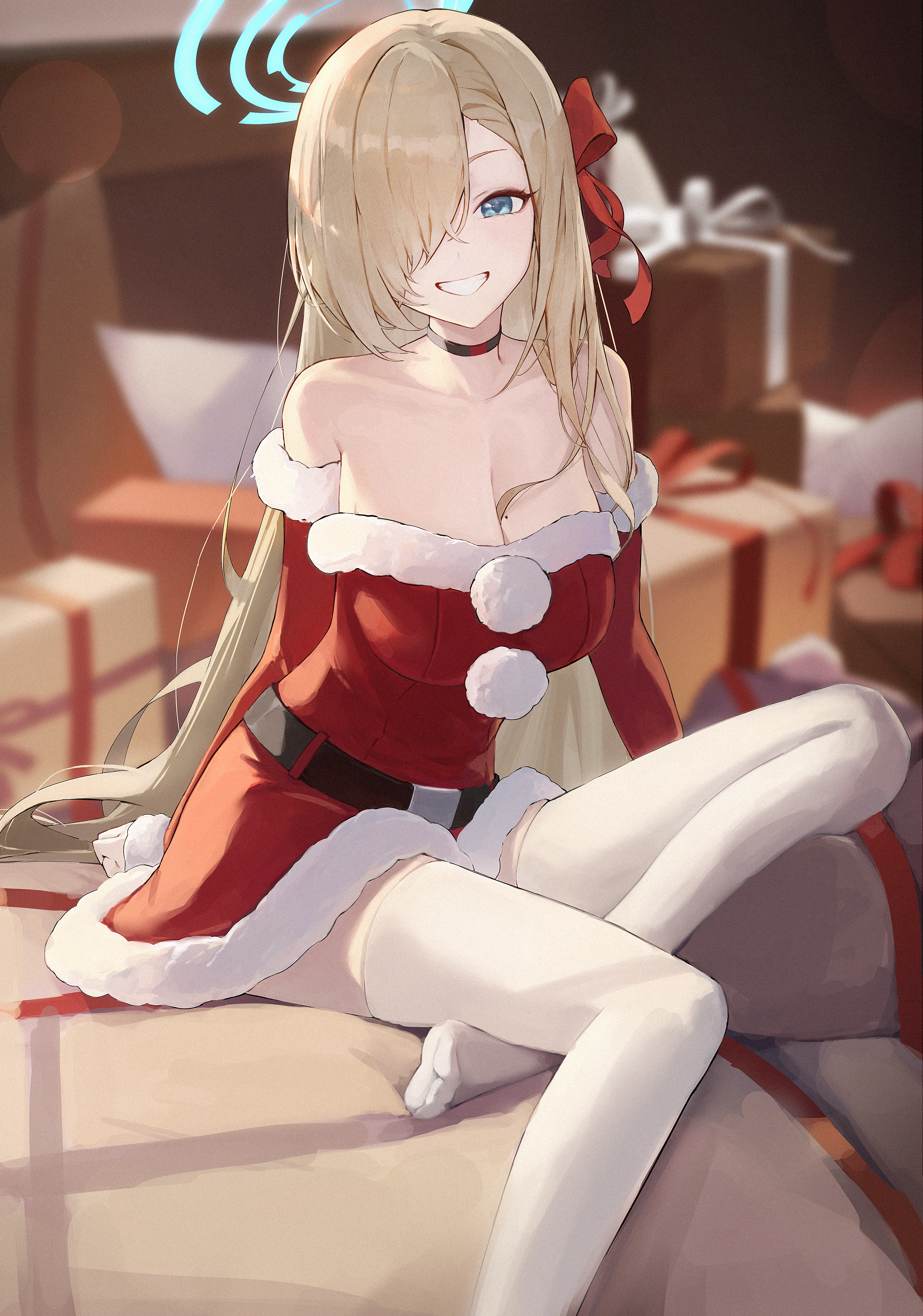 Anime 2999x4277 anime anime girls Asuna Ichinose choker Blue Archive long hair jiang zhuti jiojio cleavage looking at viewer boobs collarbone bare shoulders white stockings thigh-highs hair over one eye blonde blue eyes portrait display Christmas presents teeth Christmas clothes sitting Christmas depth of field bent legs red ribbon belt