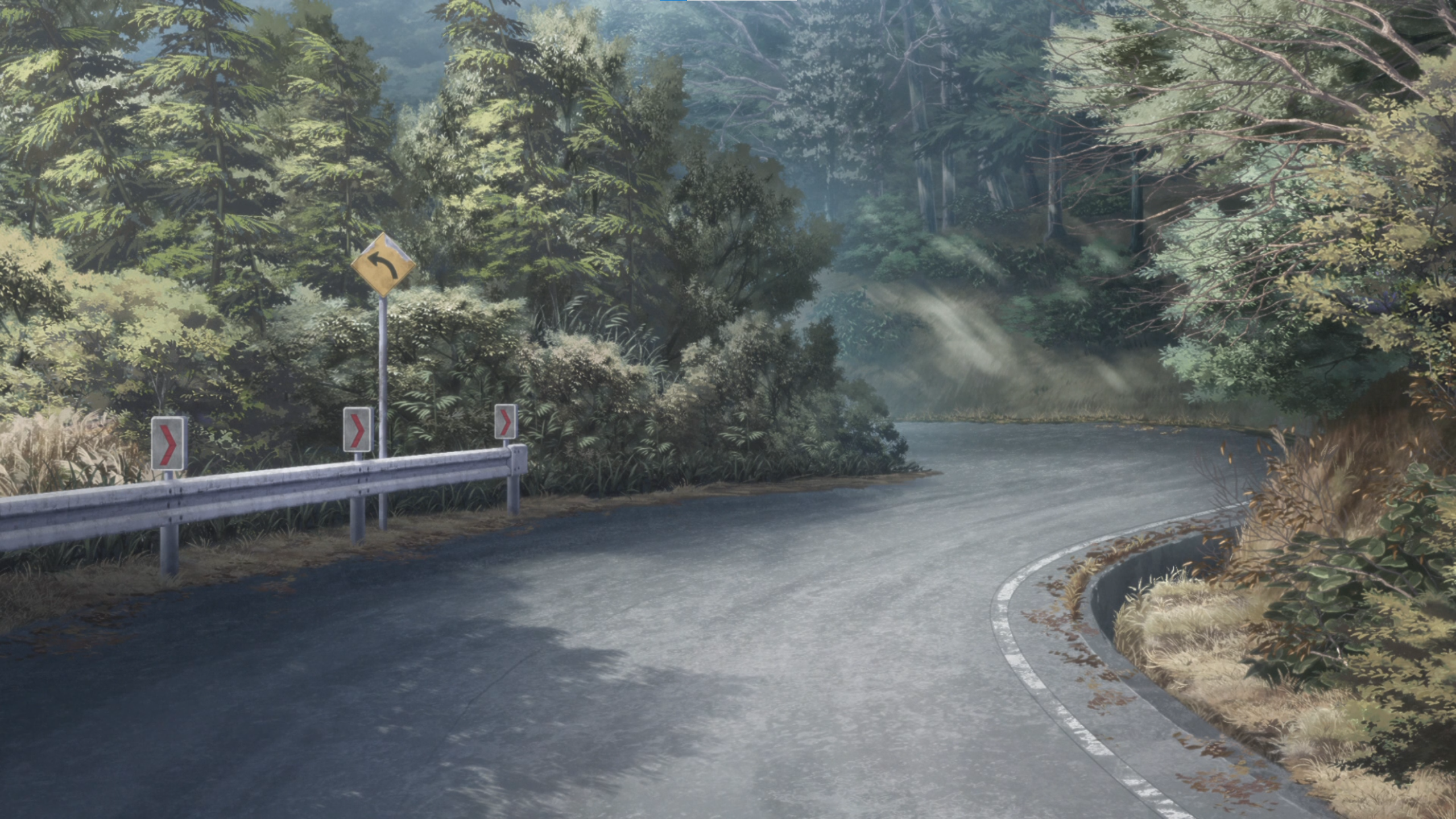 Anime 2560x1440 Yuru Camp road forest trees cold spring drawn sign anime arrow (design) sunlight