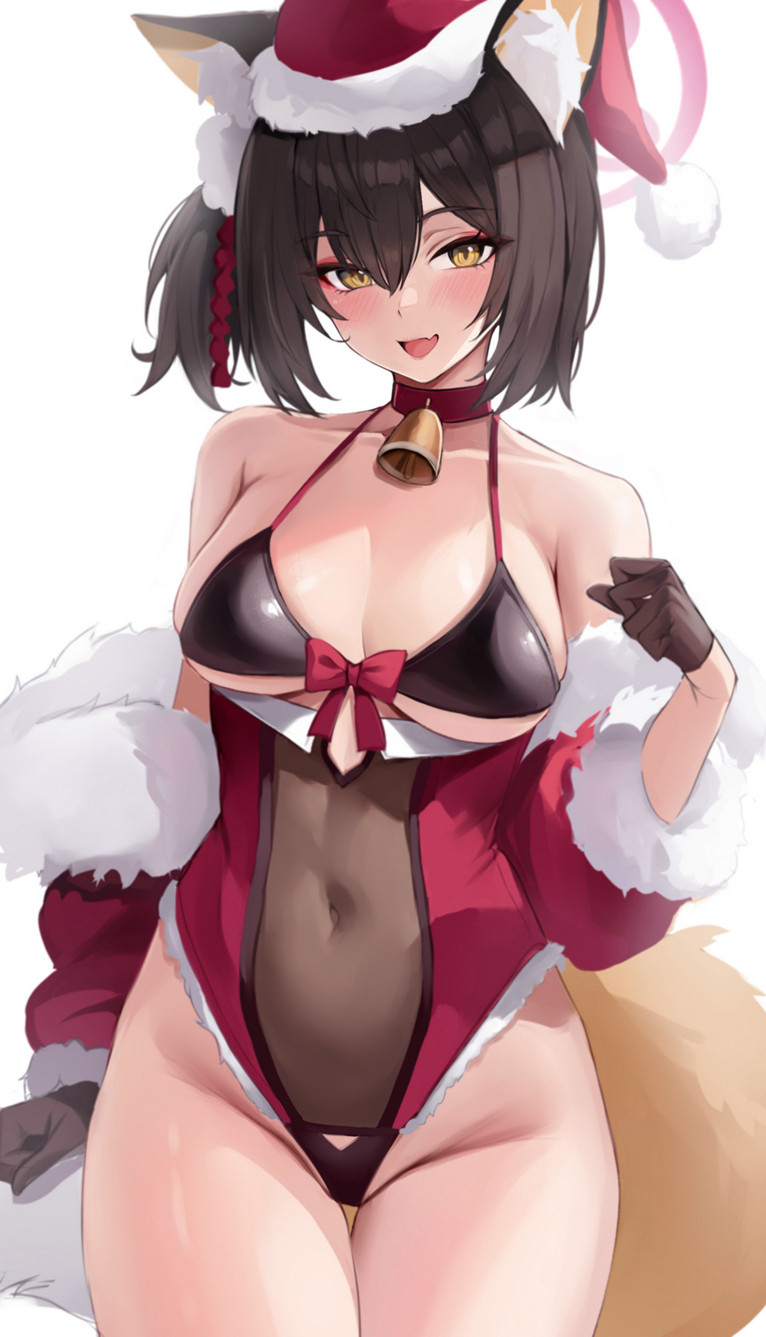 Anime 862x1504 anime anime girls kuda izuna (Blue Archive) Blue Archive Santa hats fur looking at viewer bikini top gloves black hair yellow eyes blushing open mouth big boobs leotard animal ears fox ears tail fox tail fox girl white background fangs cleavage Jingle Bell ksorede portrait display simple background thighs hair between eyes the gap short hair collarbone