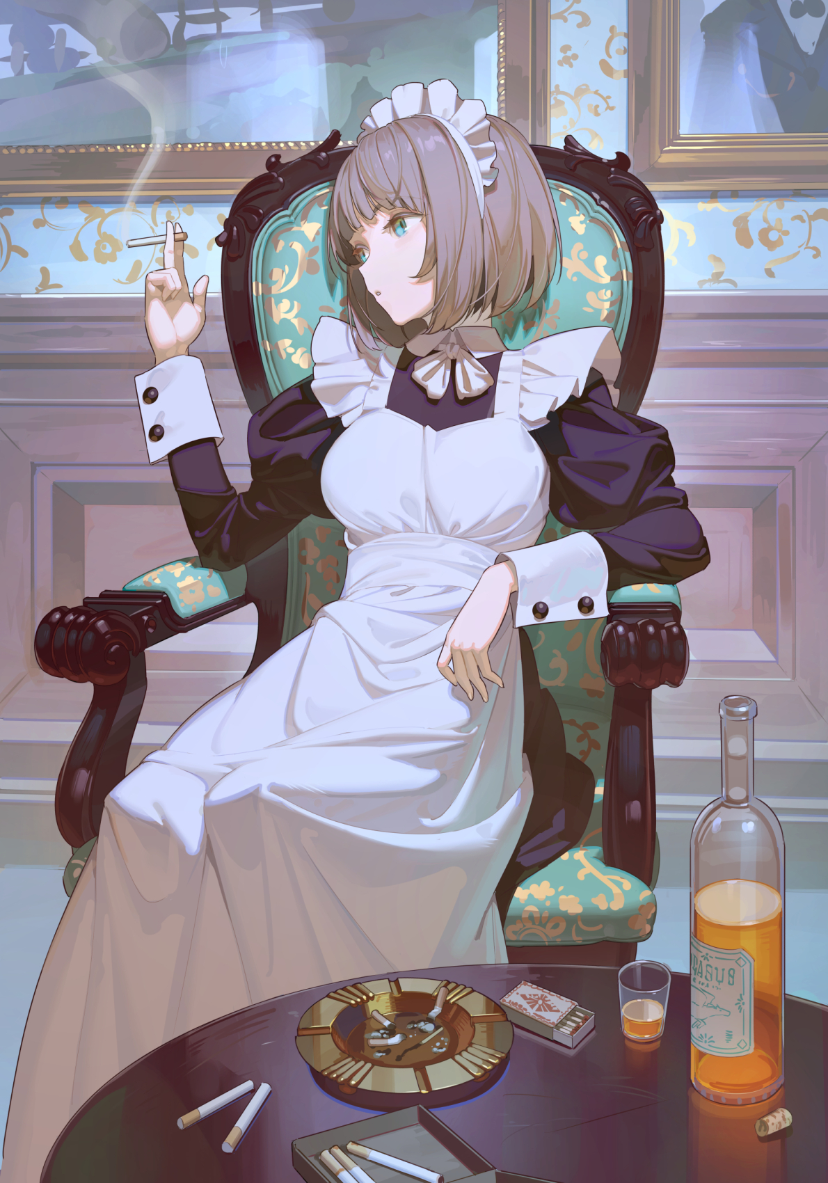 Anime 1190x1700 anime anime girls maid short hair smoking portrait display Timbougami matches blue eyes alcohol brunette cigarettes sitting table drink glass bottle drinking glass indoors women indoors armchair maid outfit smoke looking away