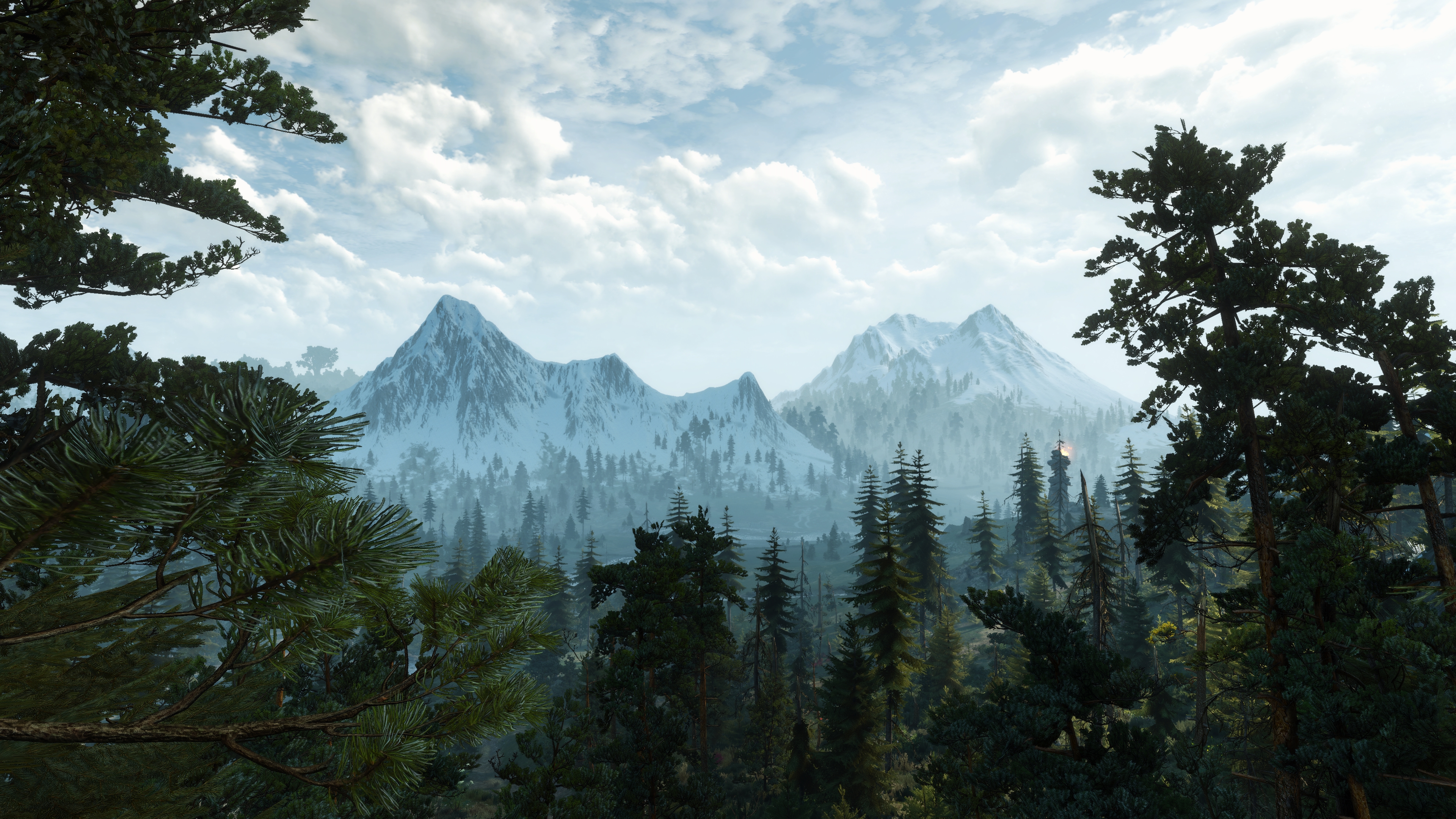 General 3840x2160 The Witcher 3: Wild Hunt screen shot PC gaming mountains trees landscape Skellige video game art snow snowy mountain clouds video games nature sky sunlight branch