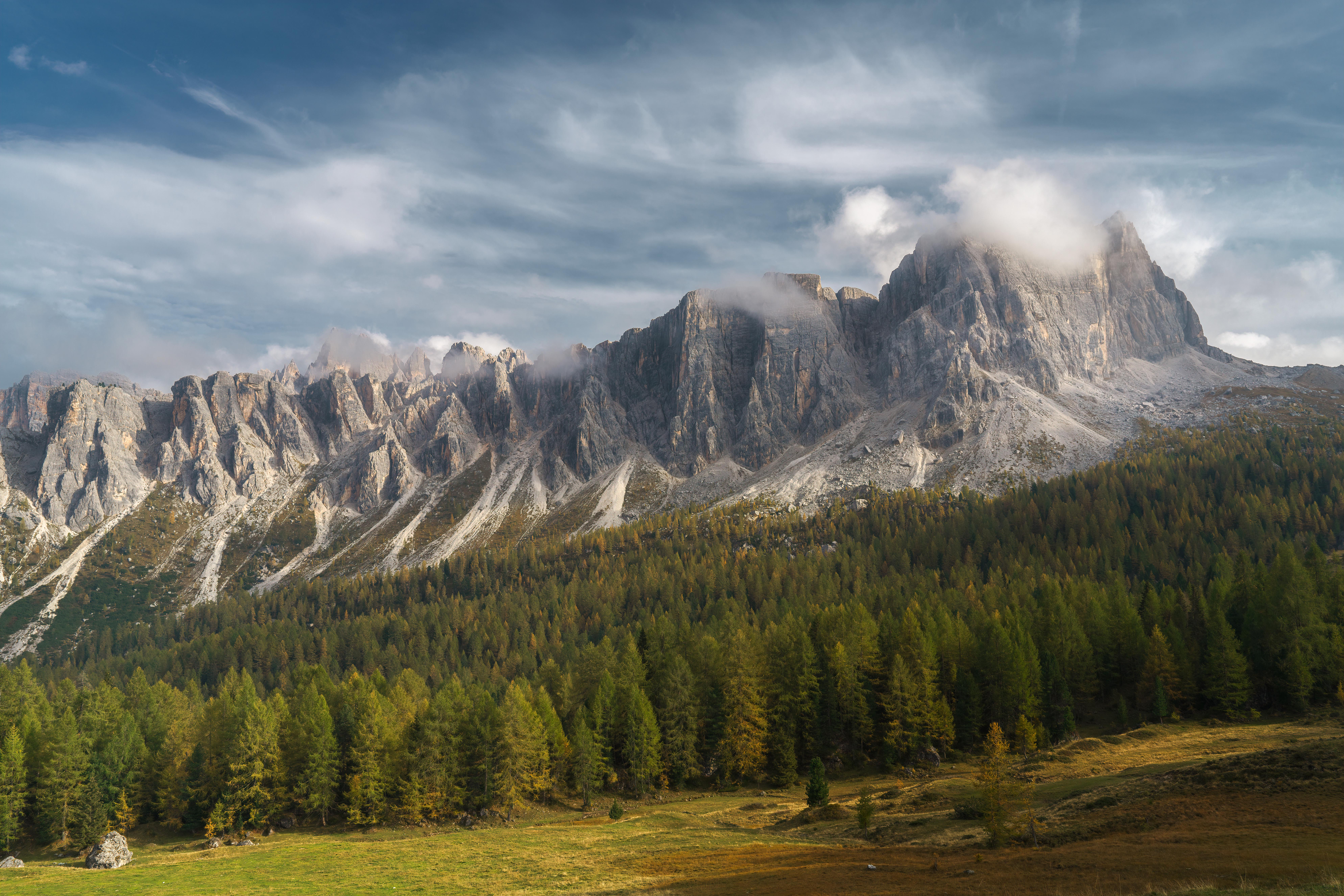 General 7952x5304 landscape nature Dolomites Alps Italy Europe mountains cliff forest field clouds trees sky
