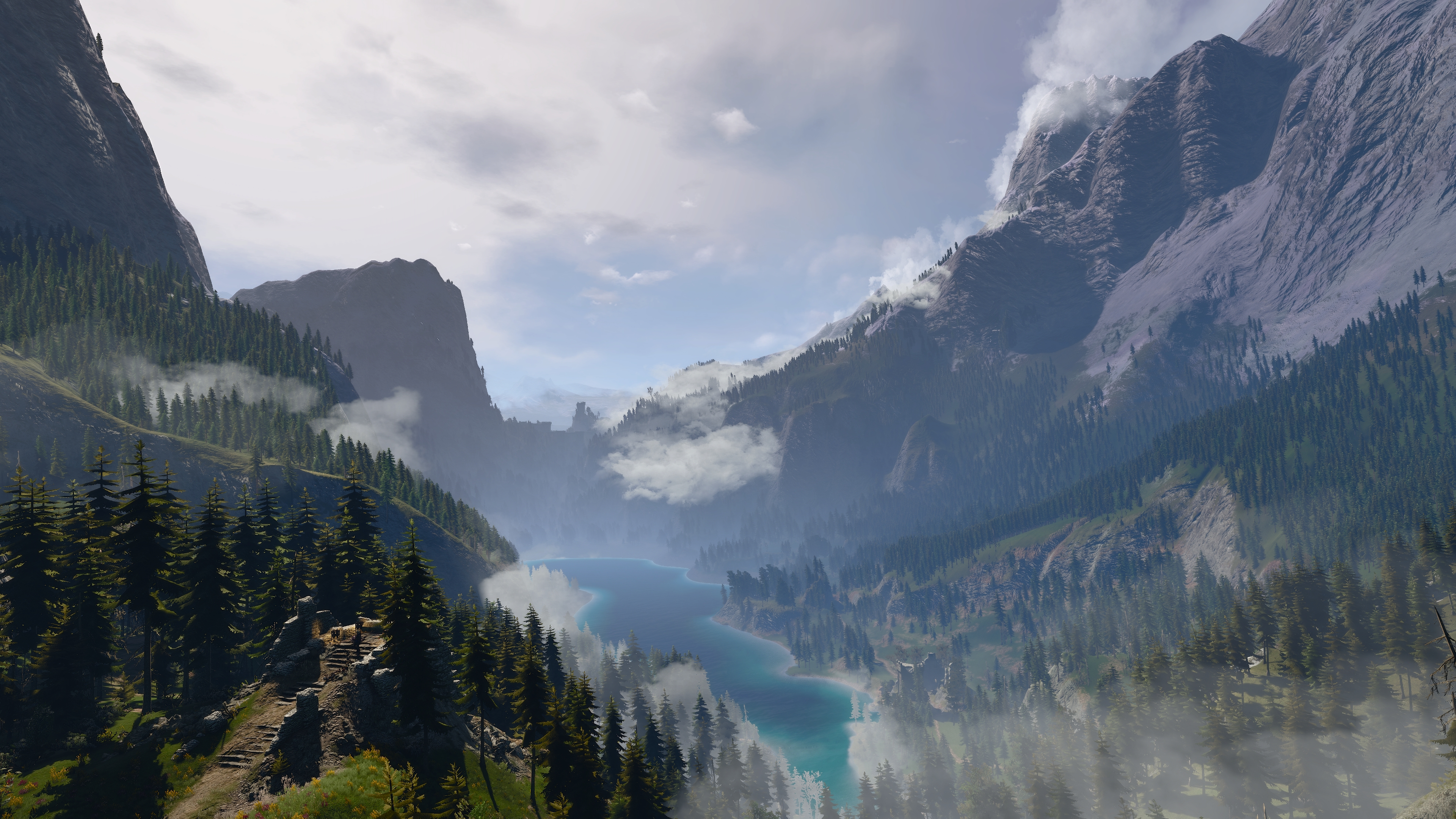 General 3840x2160 The Witcher 3: Wild Hunt screen shot PC gaming Geralt of Rivia The Witcher Kaer Morhen landscape video game art digital art video games sunlight trees forest water clouds sky CGI