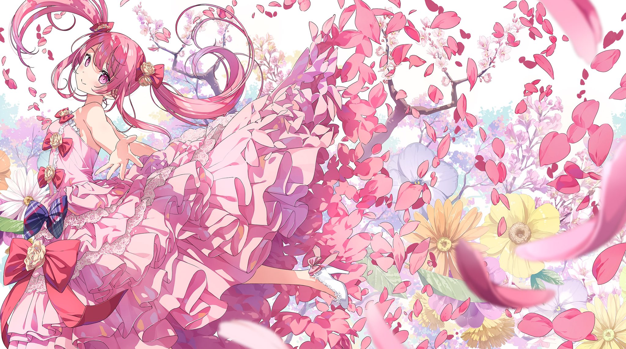 Anime 2048x1144 anime anime girls Kantoku petals cherry blossom flowers looking at viewer smiling twintails frill dress heels closed mouth long hair hair ornament pink hair purple eyes bare shoulders frills sidelocks open arms high heels trees