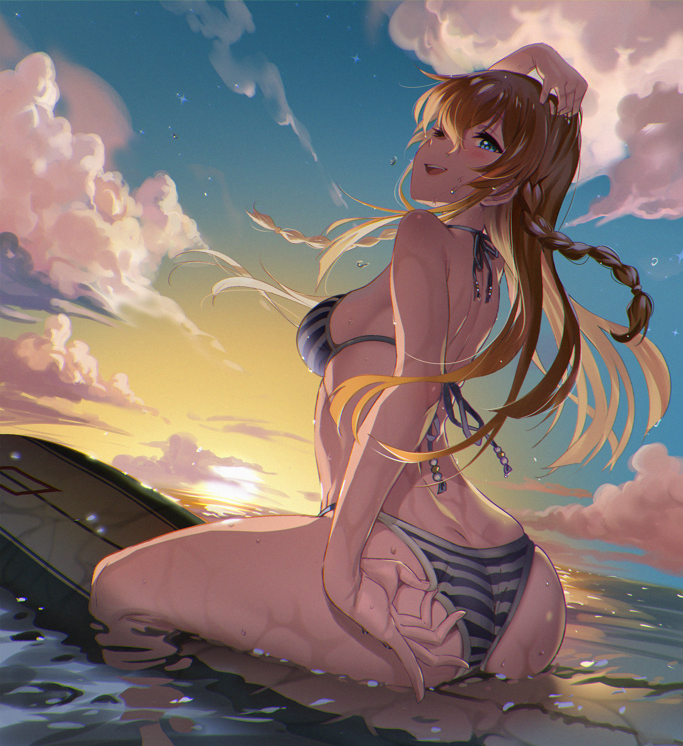 Anime 2250x2457 THE iDOLM@STER bikini portrait display surfboards Kousaka Umi blue eyes sitting women outdoors striped bikini sideboob boobs sunset glow sunset striped swimsuit one eye closed long hair blonde hair between eyes Andou Shuuki sidelocks looking back wet body looking at viewer clouds water drops arched back open mouth smiling thighs wet sky ass hands on head one arm up evening water braids back anime girls blushing anime