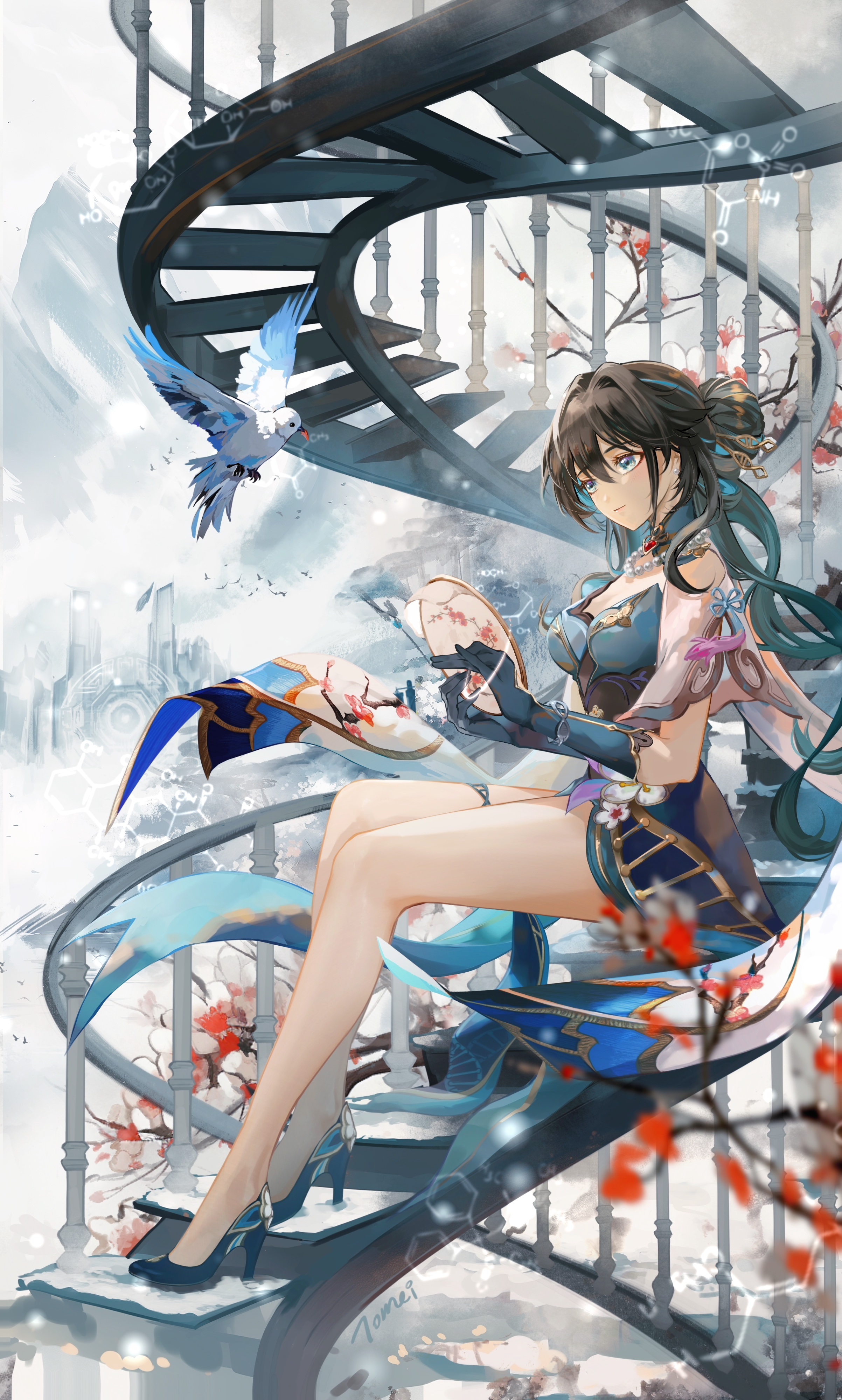 Anime 2405x4000 anime anime girls Ruan Mei (Honkai: Star Rail) Honkai: Star Rail stairs portrait display long hair hair between eyes birds blue eyes green gloves gloves brunette hair ornament pearls necklace pearl necklace signature sitting bent legs closed mouth smiling earring pointed toes animals spiral Tomei heels
