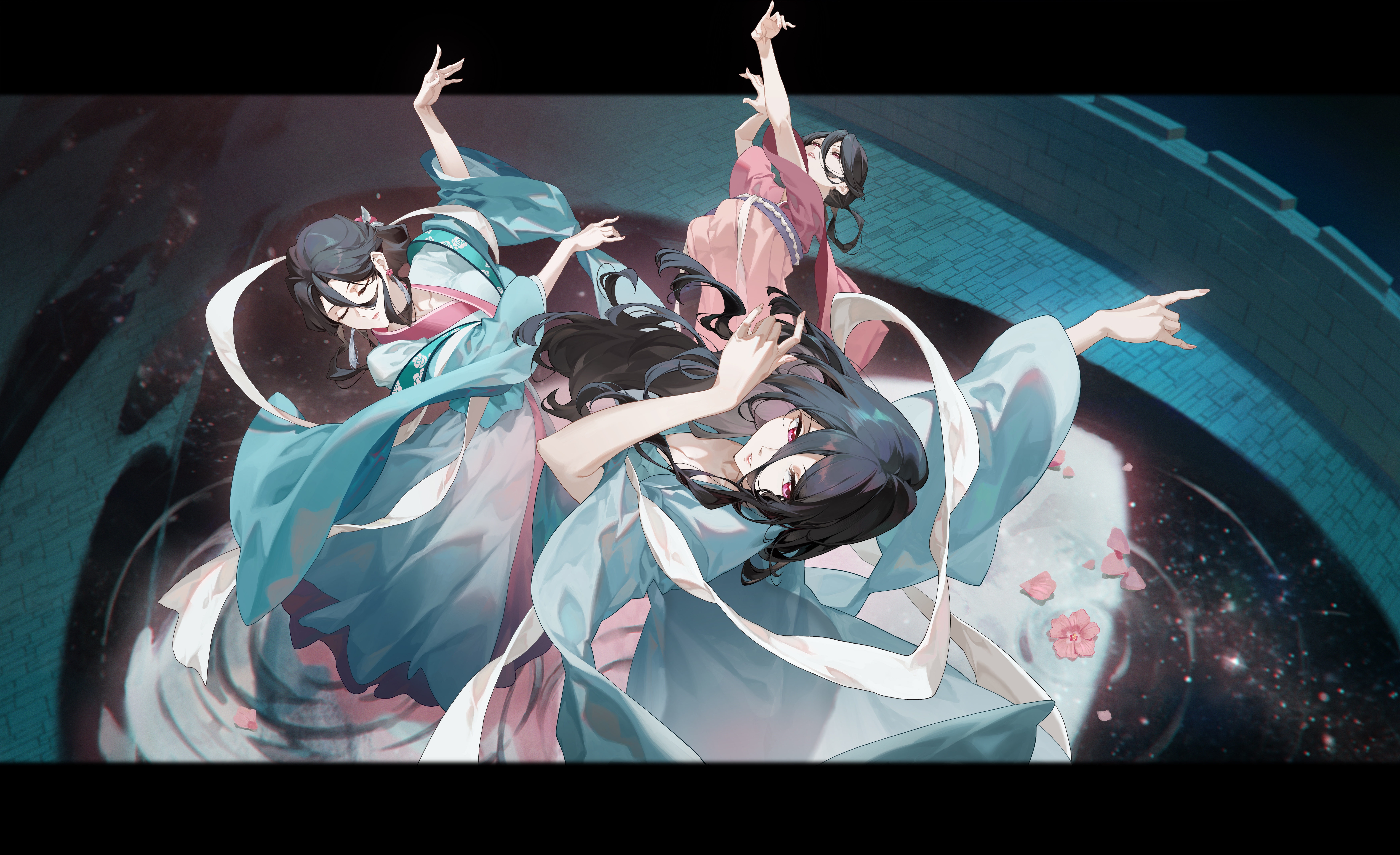 Anime 7000x4276 anime anime girls The Apothecary Diaries Cheese Kang long hair hair between eyes dancing Fuyou (Kusuriya no Hitorigoto) closed eyes closed mouth parted lips purple eyes wide sleeves long sleeves rose petals stars kimono Japanese clothes earring