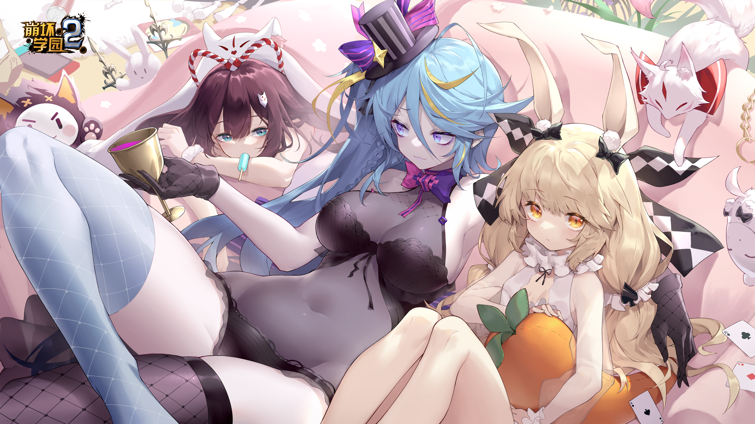Anime 2560x1440 Honkai Impact women trio see-through clothing fox bunny girl animal ears looking at viewer cards fishnets group of women mismatched stockings cup one-piece-lingerie bow tie two tone hair black gloves bare shoulders lollipop fishnet pantyhose logo legs crossed plush toy creature big boobs long hair pillow hug hair ornament gloves Shanyao women indoors fishnet baby doll (lingerie) loli thighs armpits anime hair between eyes anime girls