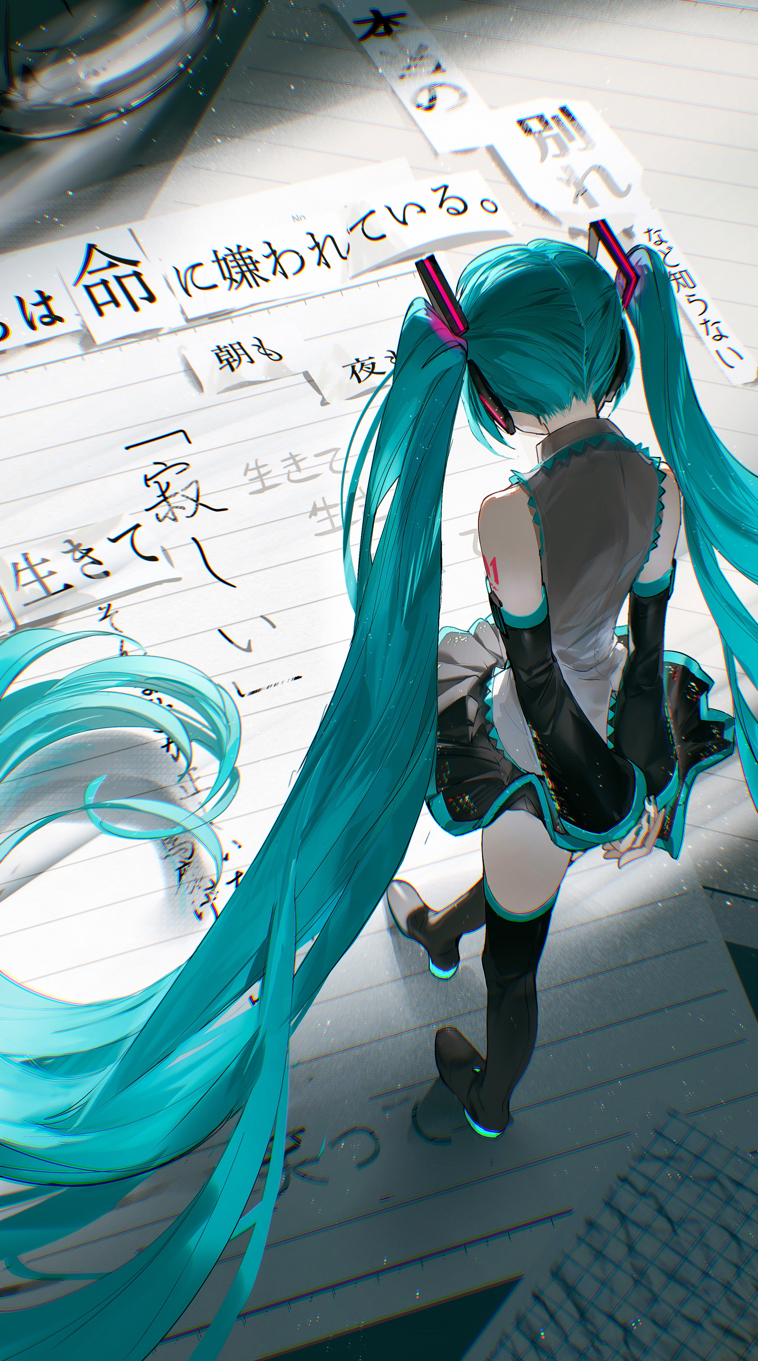Anime 2480x4452 anime anime girls Hatsune Miku Vocaloid high angle Japanese portrait display kanji Rumoon top view bare shoulders paper skirt arm(s) behind back twintails detached sleeves long hair cyan hair sunlight standing thigh-highs blue nails painted nails frills