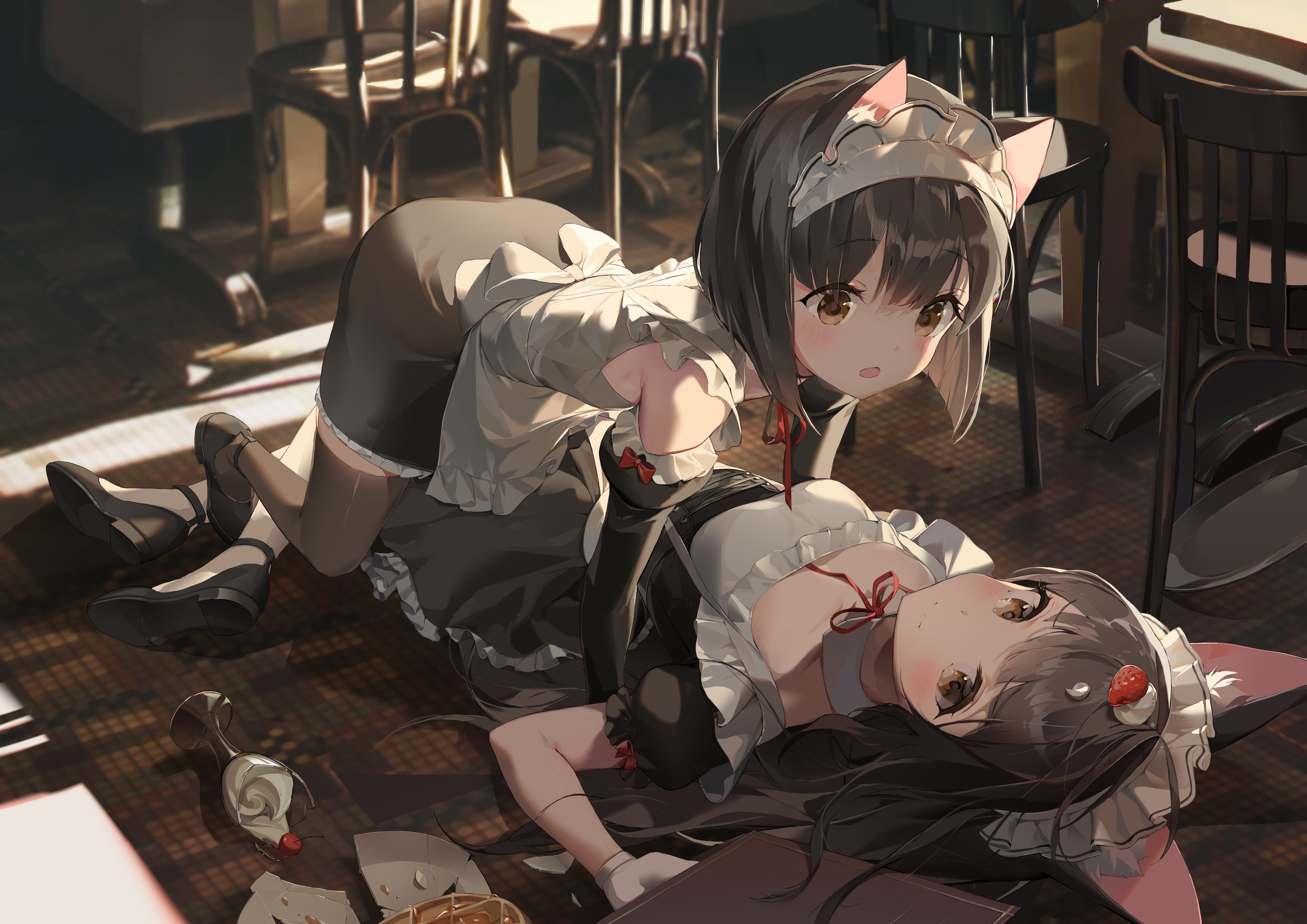 Anime 8000x5657 anime anime girls maid outfit Azur Lane Mutsu (Azur Lane) maid Nagato (Azur Lane) chair lying down lying on back bent over open mouth long hair short hair headdress sunlight indoors women indoors shoe sole gloves white gloves on the floor tray plates floor accidents drinking glass cherries fruit Chyo whipped cream thigh-highs strawberries closed mouth brunette brown eyes frills